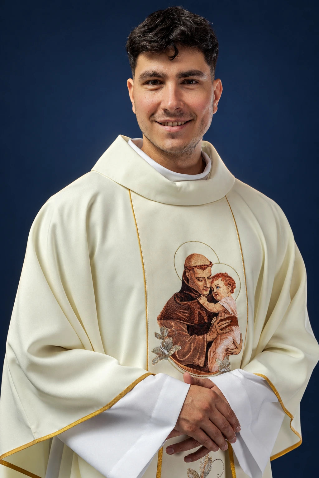 Ecru Chasuble with an Embroidered Image of Saint Anthony, front view with gold trim