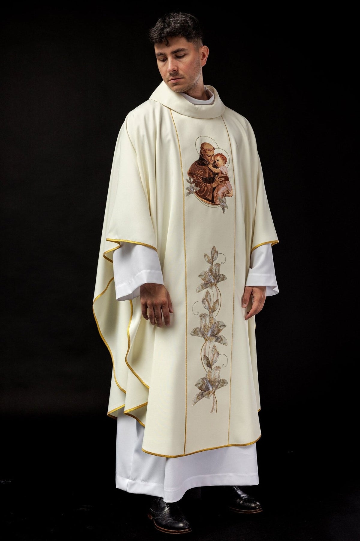 Ecru Saint Anthony chasuble, full front view with embroidered floral orphrey