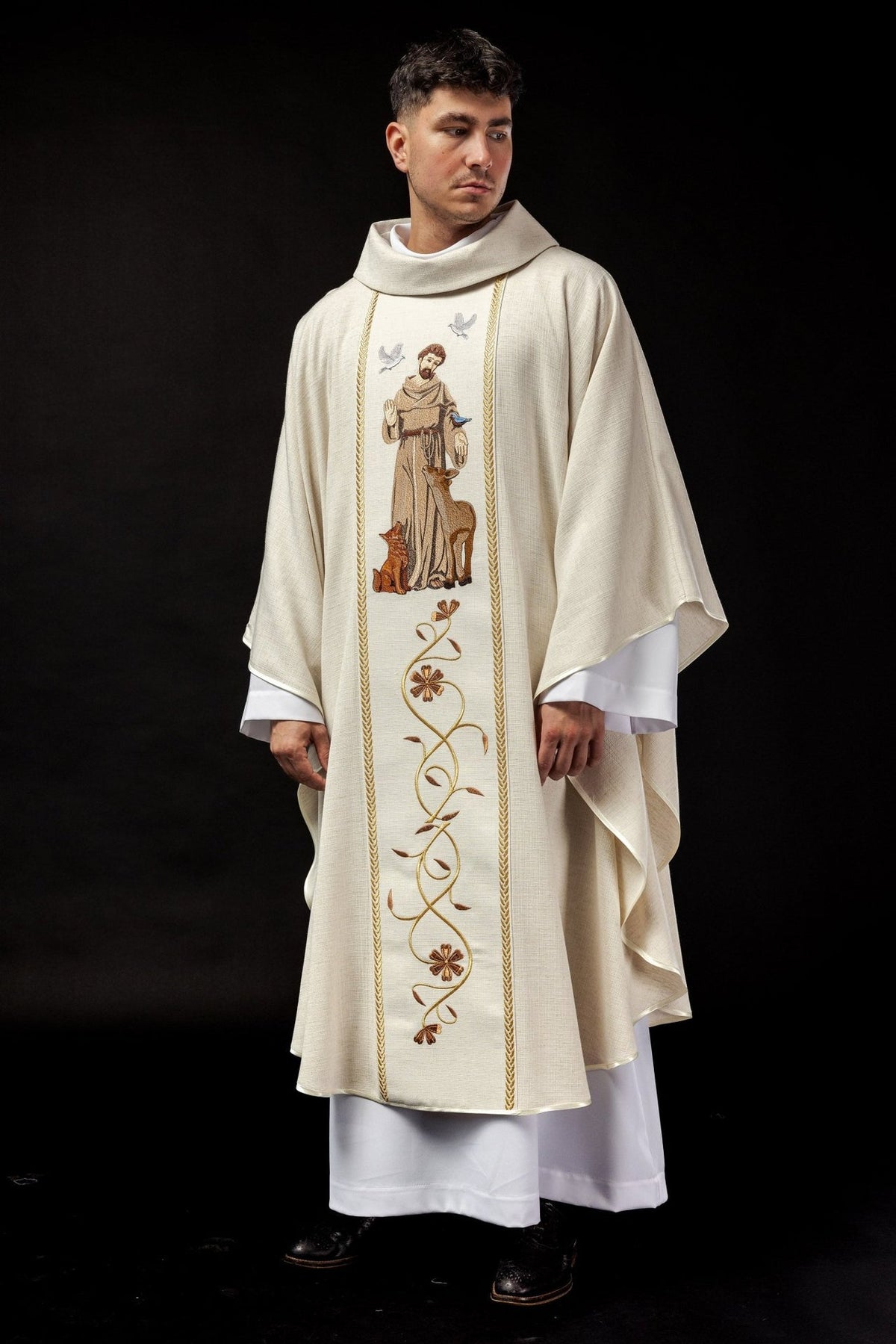 Chasuble front view with embroidered Saint Francis, birds, animals and floral orphrey