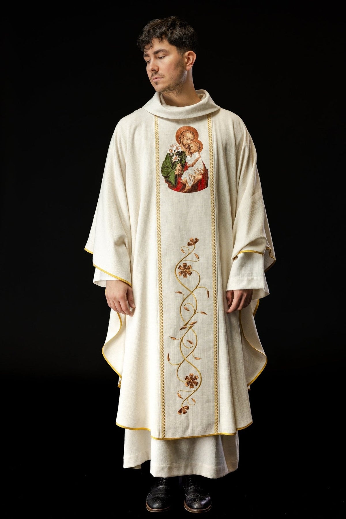 Saint Joseph chasuble, full front view with gold trim and floral embroidery