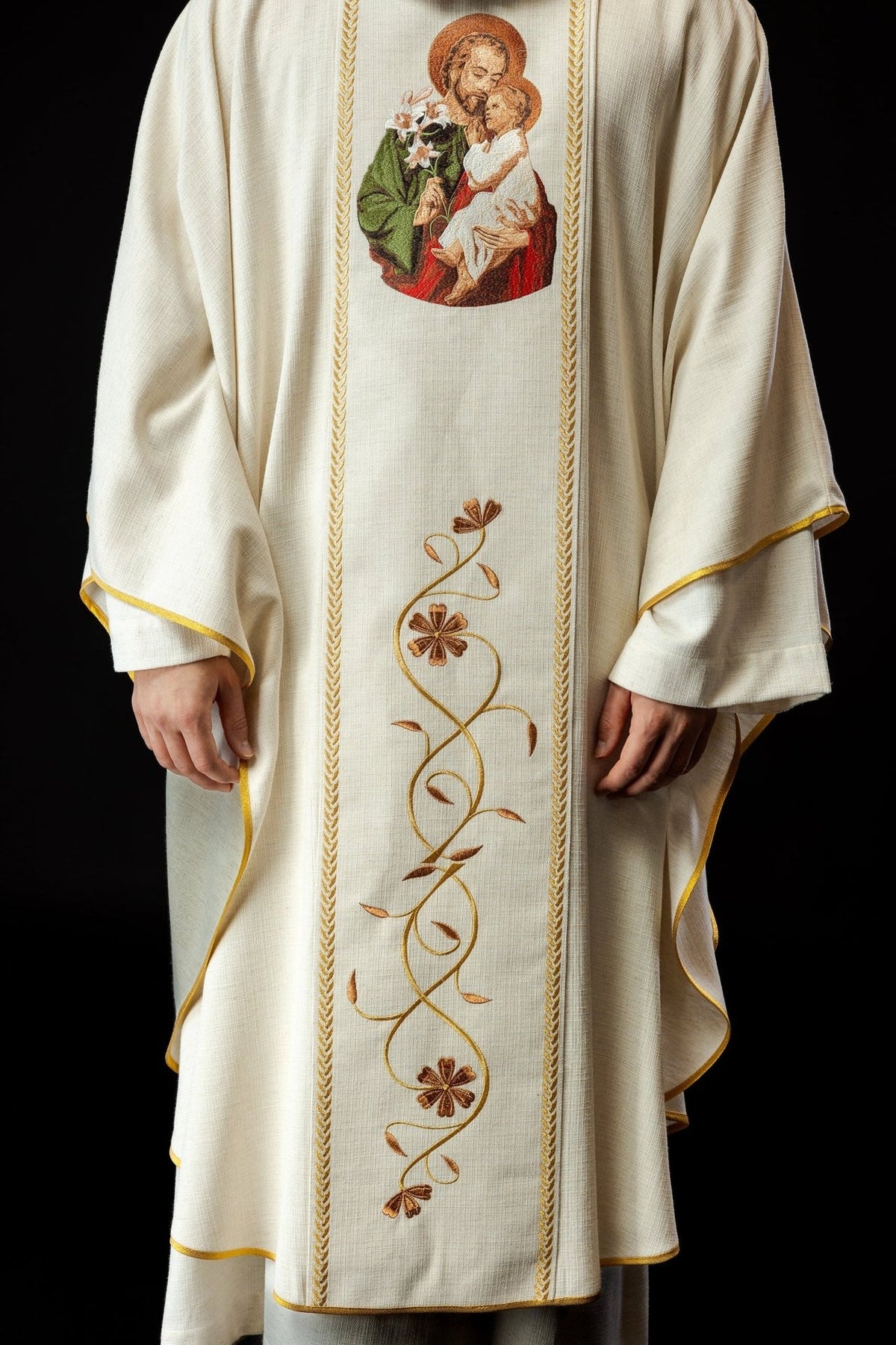 Saint Joseph chasuble, front detail with Saint Joseph embroidery and floral design