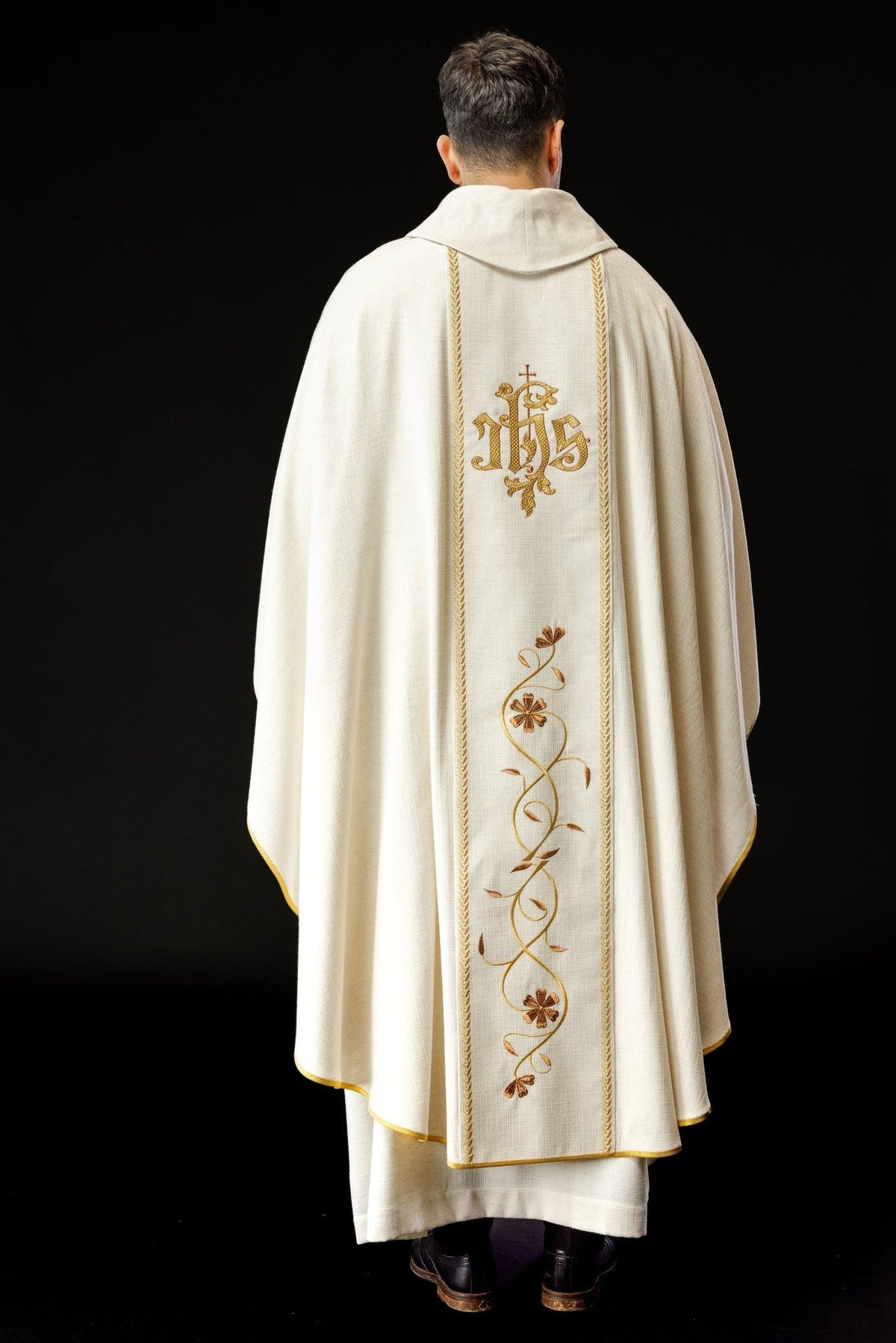 Saint Joseph chasuble, full back view with IHS emblem, floral embroidery and gold trim