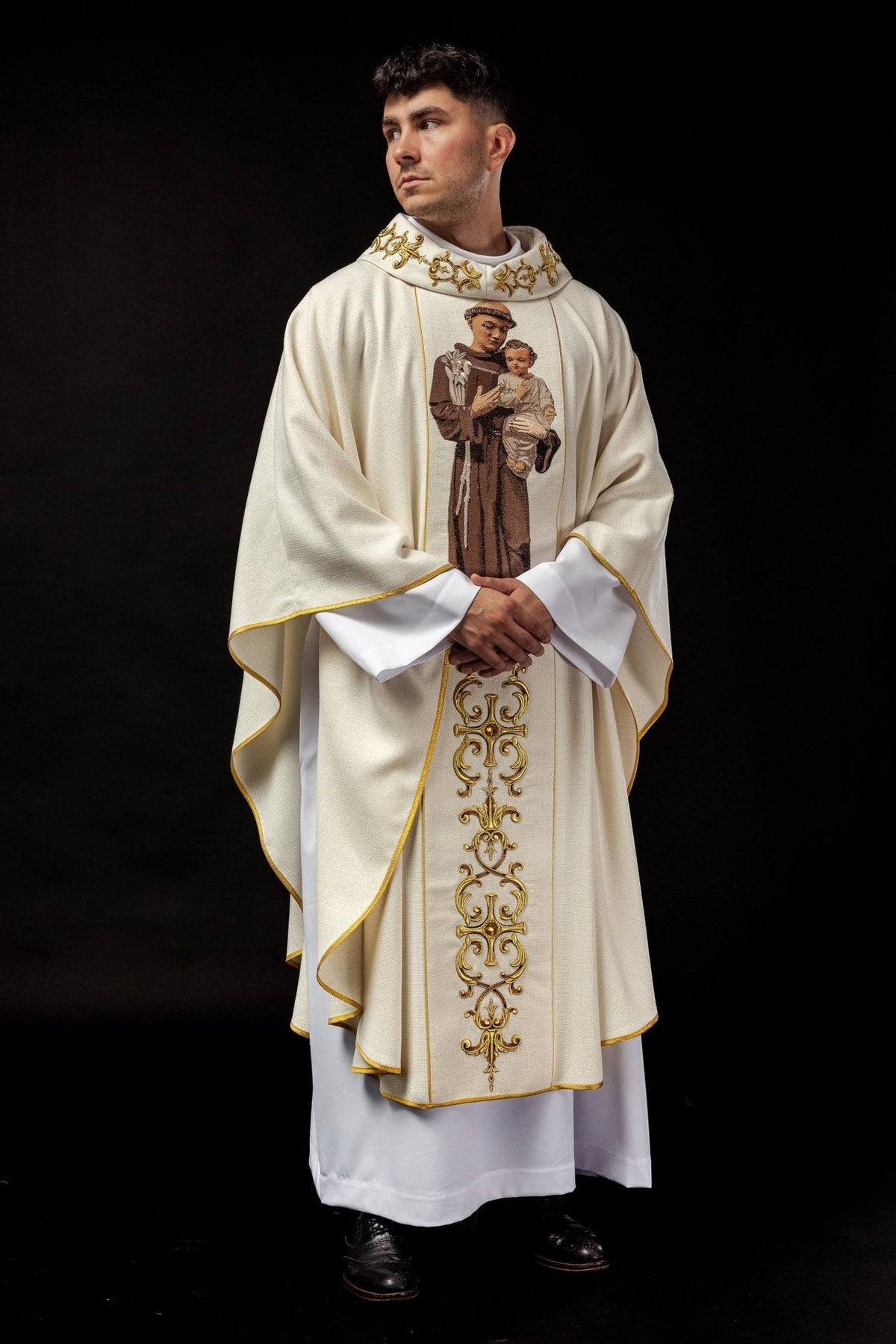 Saint Anthony chasuble worn front view with embroidered image and gold orphrey