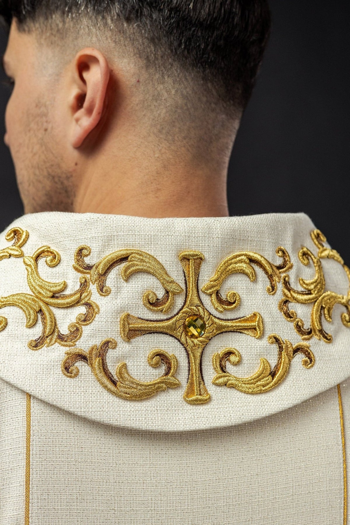 Saint Anthony chasuble back view with gold embroidered collar and orphrey