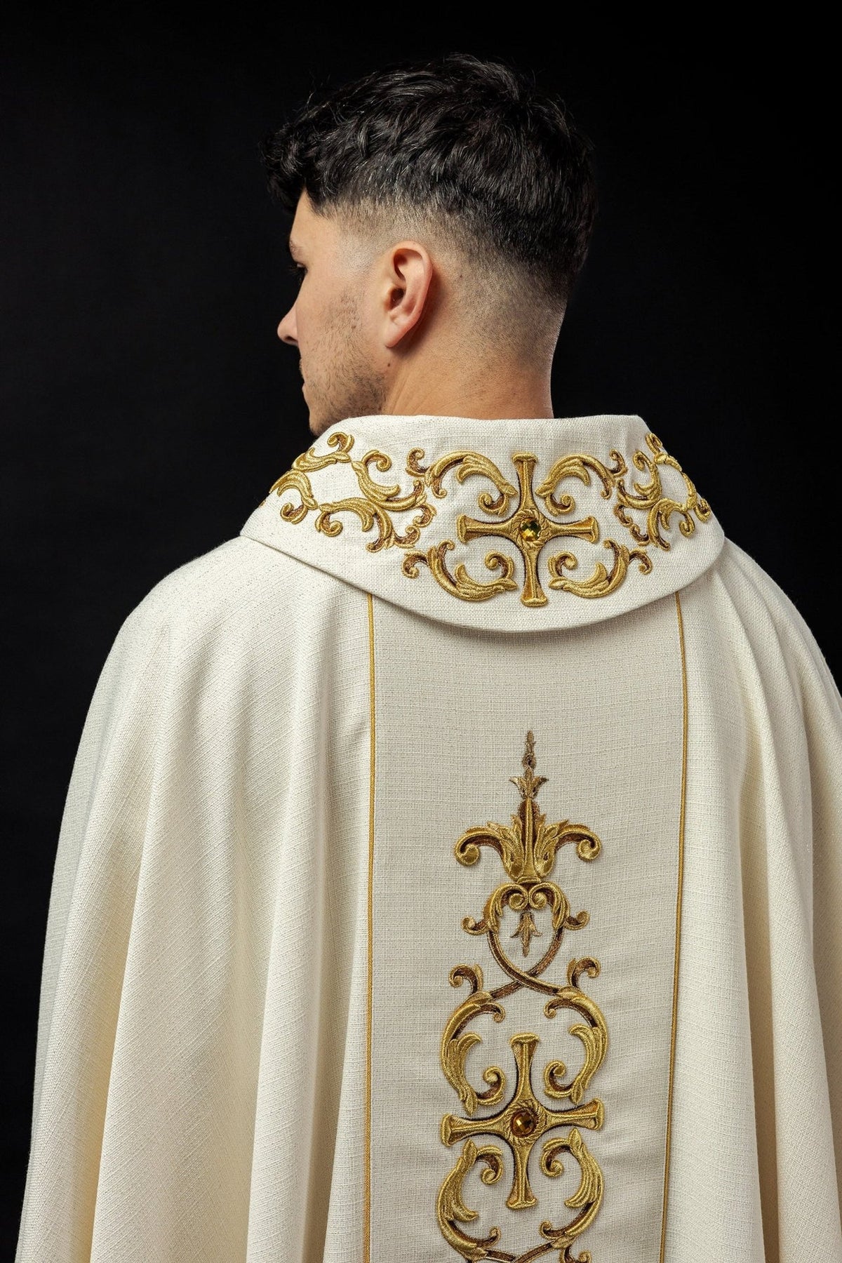 Saint Anthony chasuble back view showing the full gold embroidered orphrey
