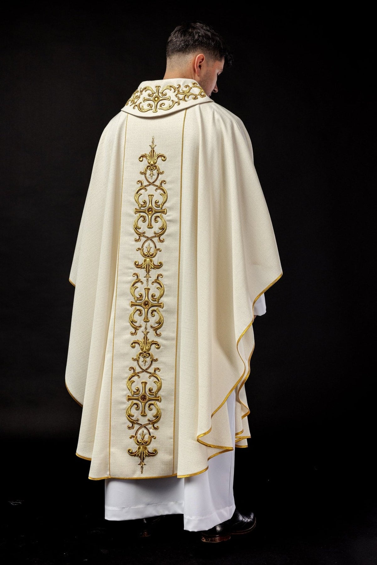 Saint Anthony chasuble three-quarter back view with gold orphrey and trim