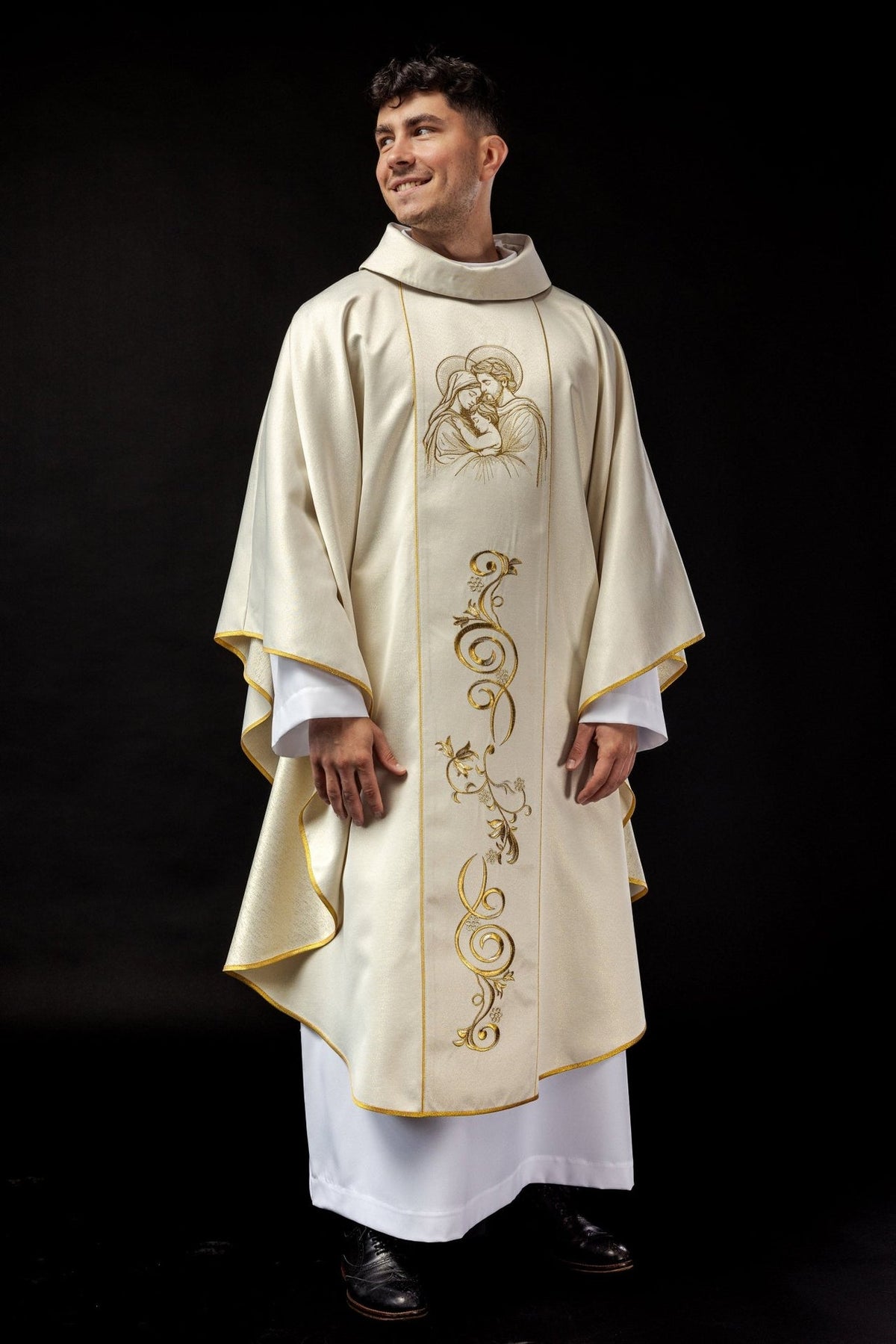 Christmas Catholic chasuble, full front view with embroidered Holy Family and gold scrollwork