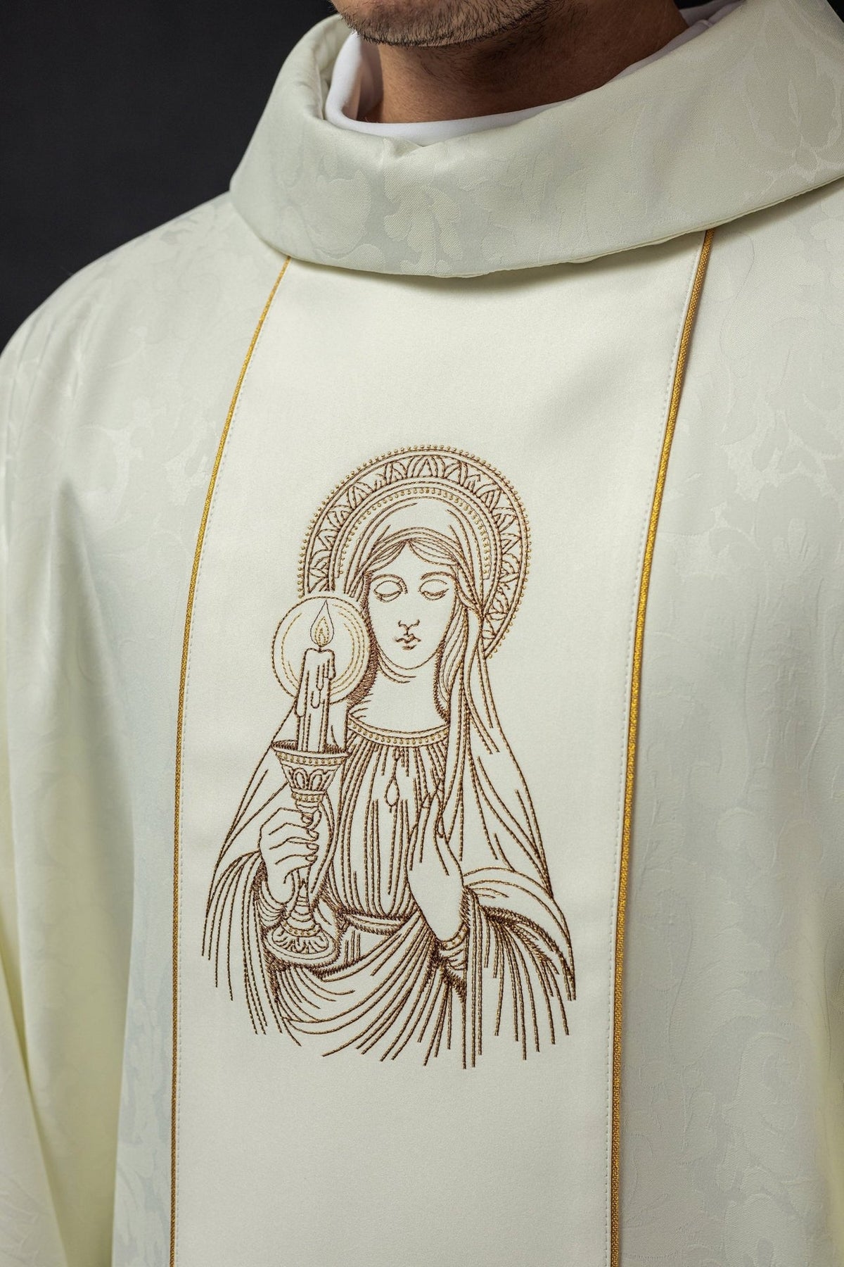 Our Lady chasuble, close-up of embroidered Candlemas image and stand-up collar