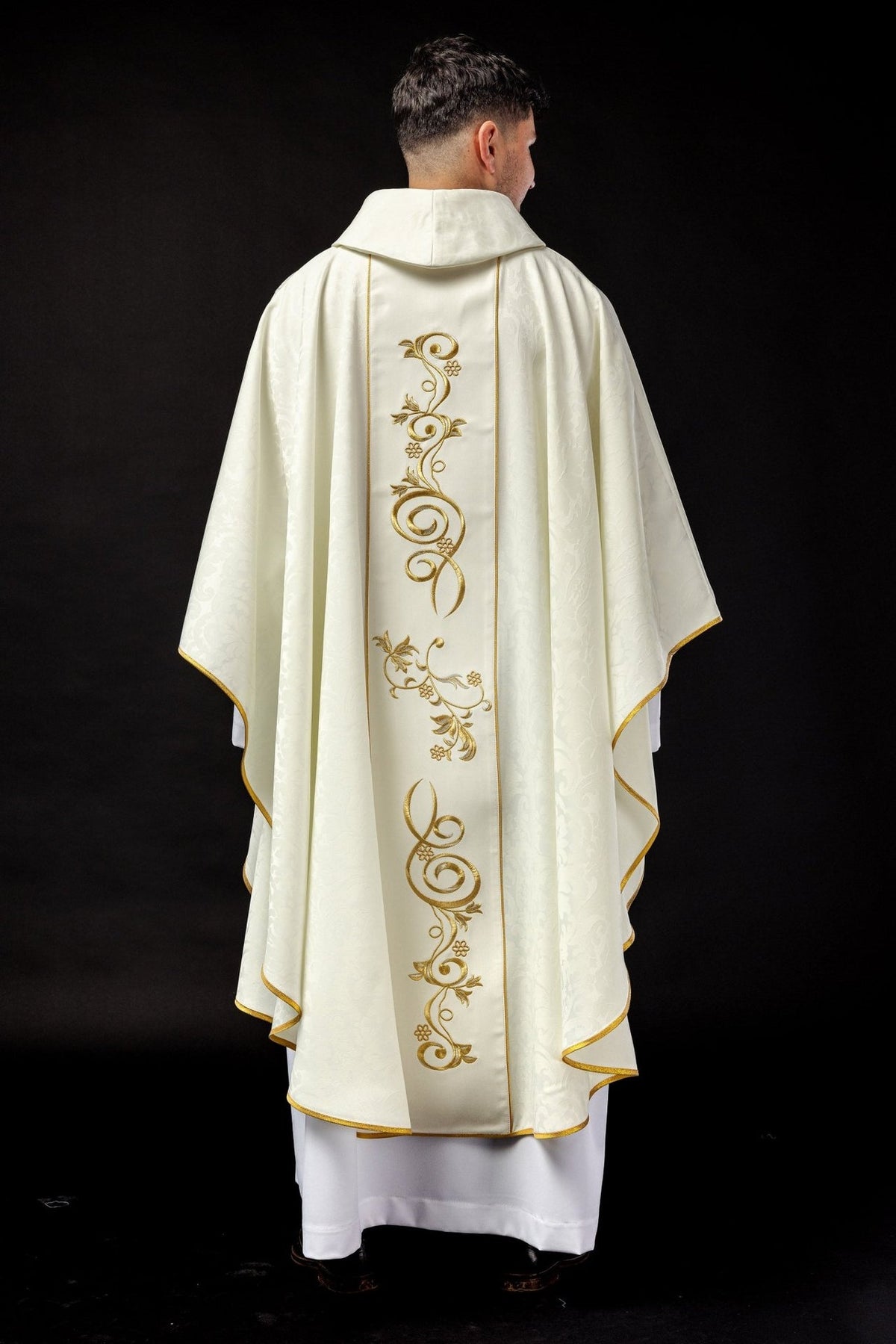 Our Lady chasuble, close-up back view with gold floral embroidery and trim