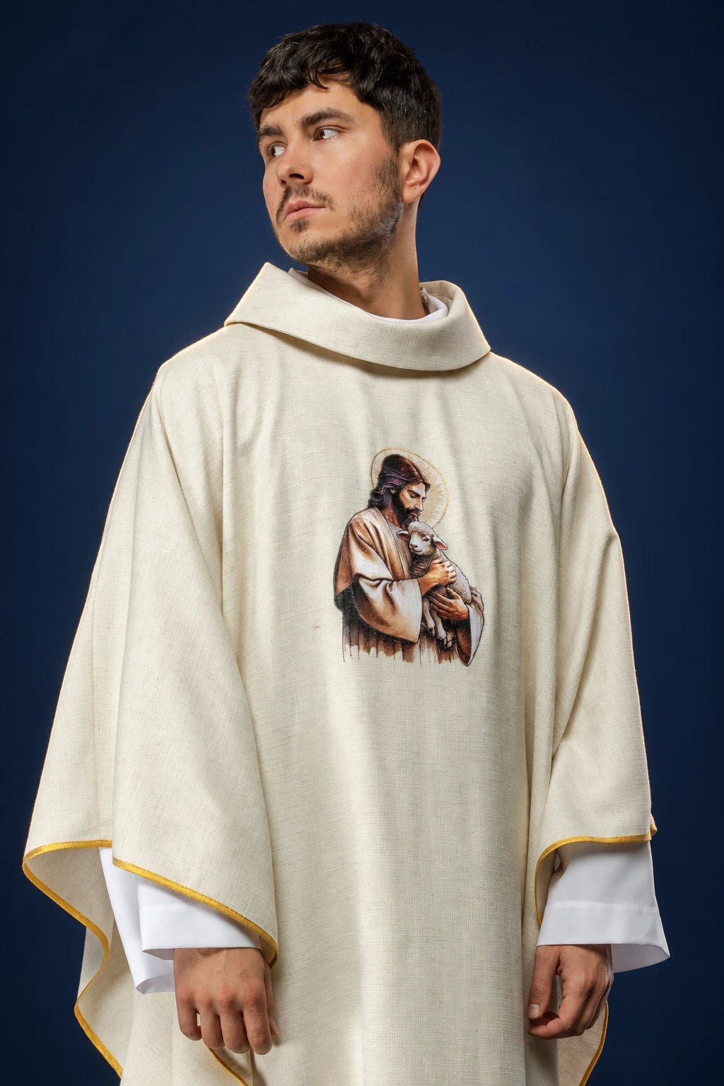 Ecru Chasuble with Embroidery of Jesus the Good Shepherd and the Lamb, front view with gold trim