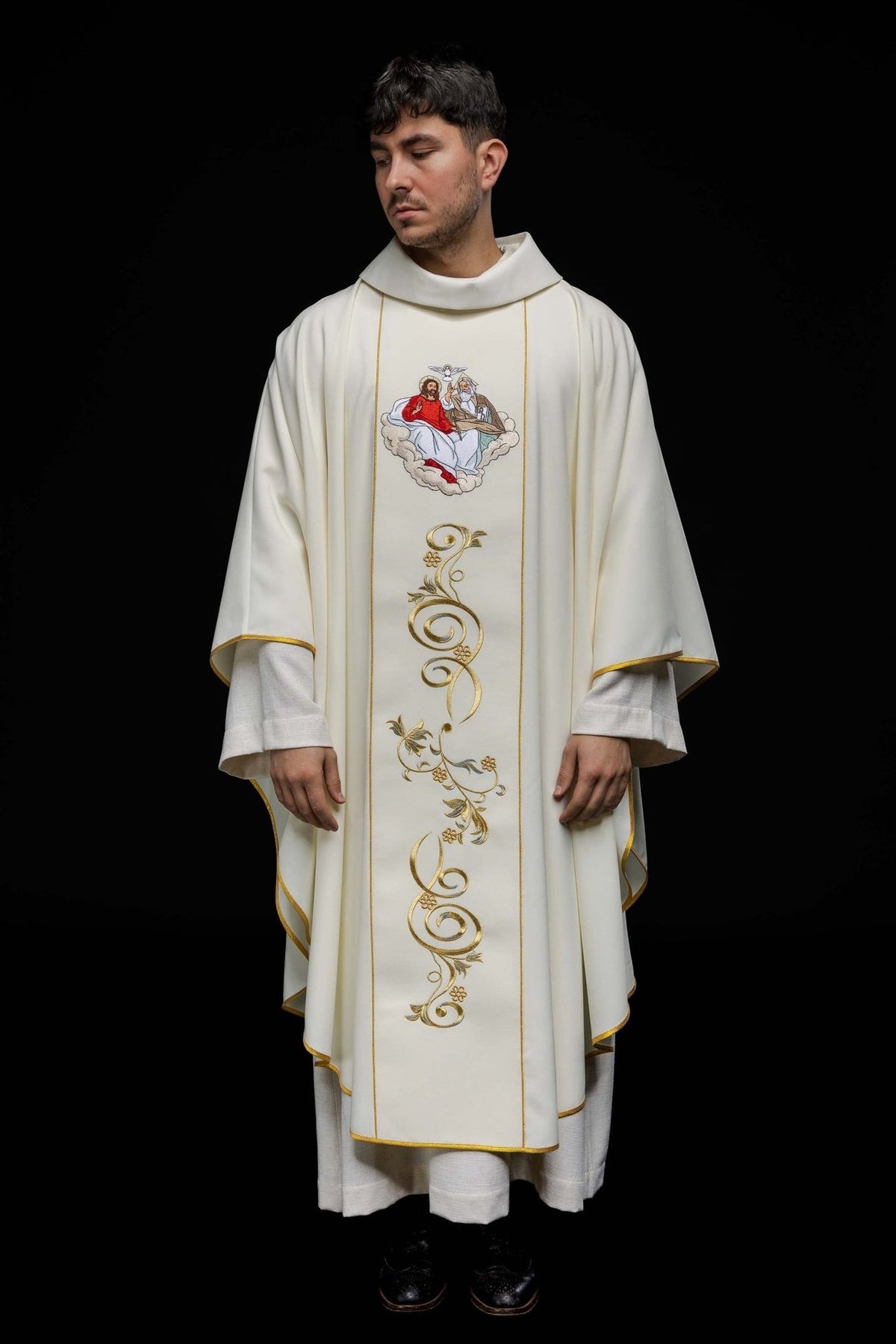 Holy Trinity chasuble, full front view in white with gold orphrey and trim