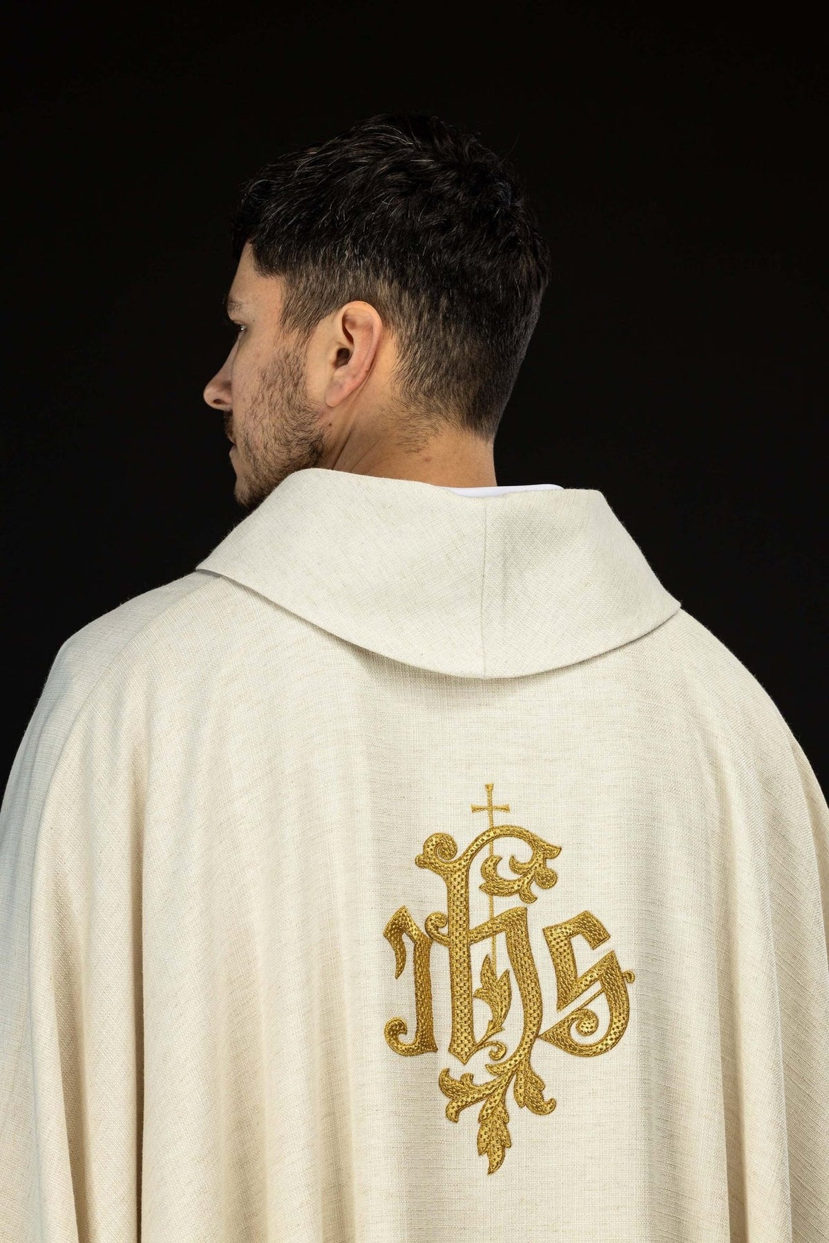 Saint Joseph the Worker chasuble, back view with embroidered gold IHS monogram