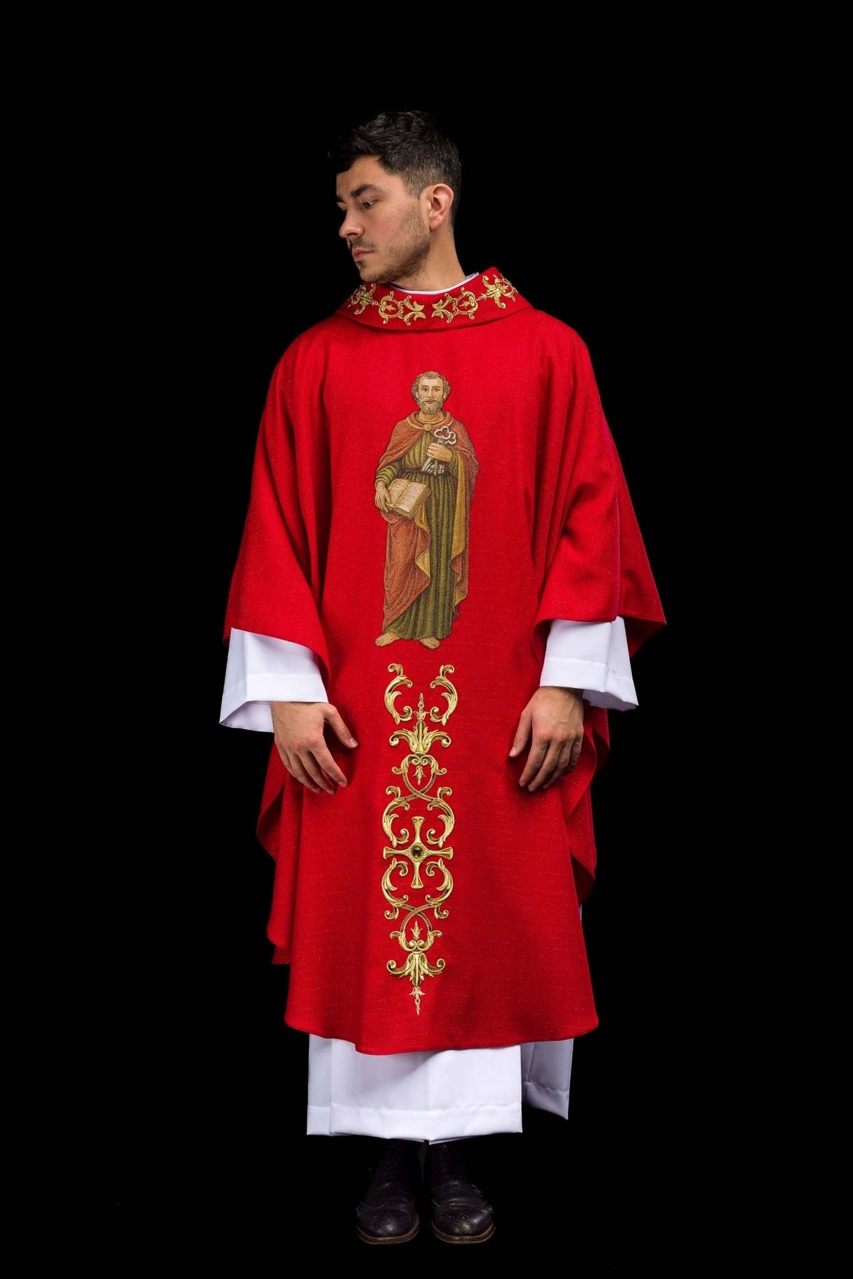Red chasuble front view with Saint Peter embroidery and gold orphrey