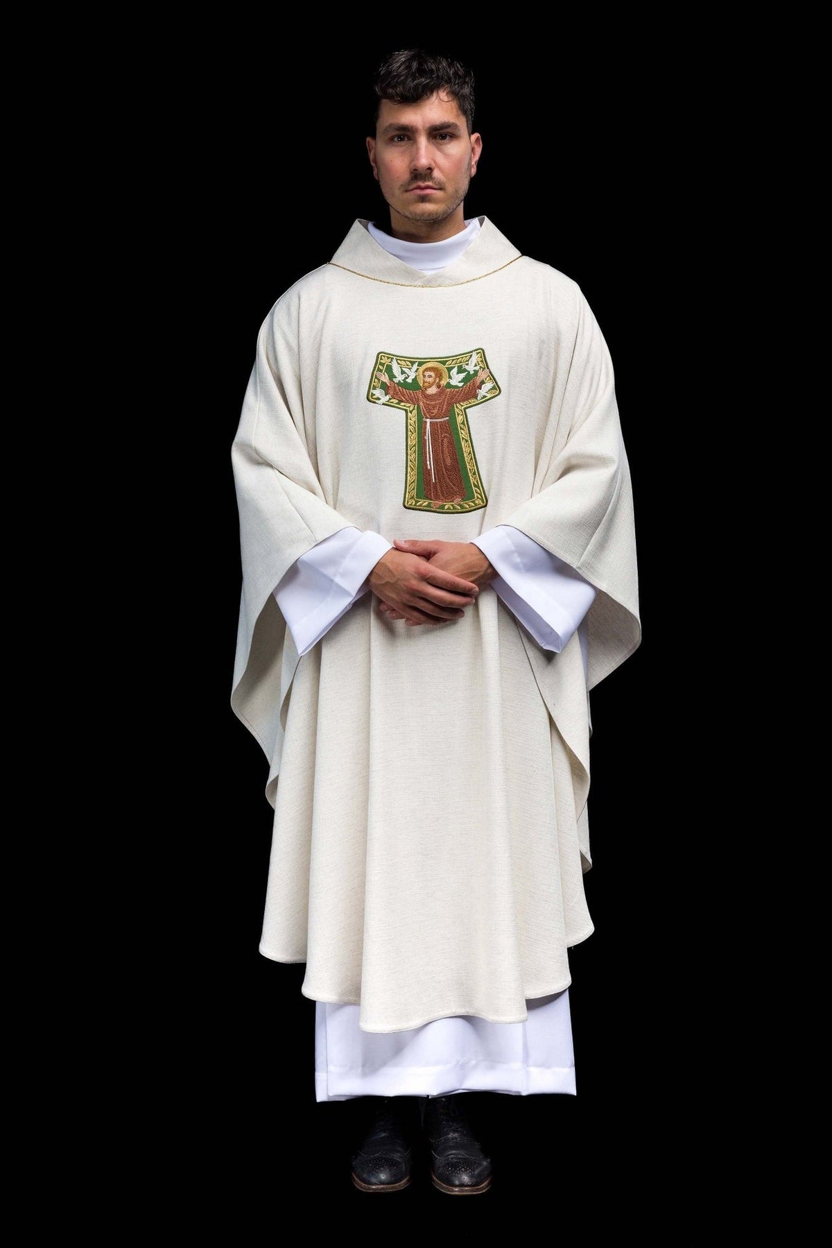 Saint Francis chasuble, full cream front view with embroidered image