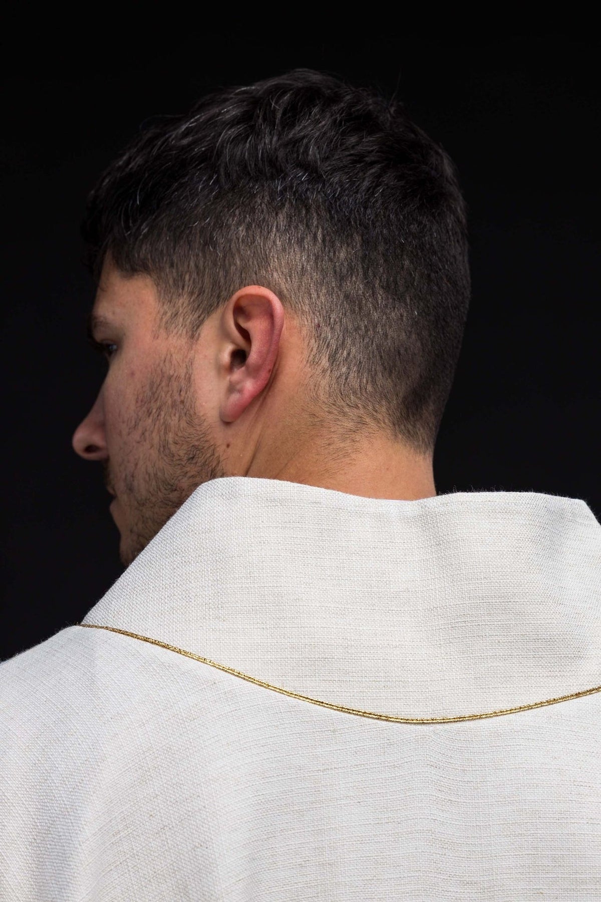 Saint Francis chasuble, close-up of cream sleeve and gold trim