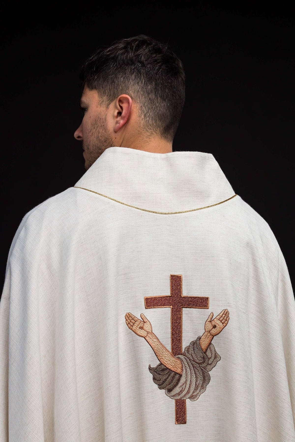 Saint Francis chasuble, back view with gold trim