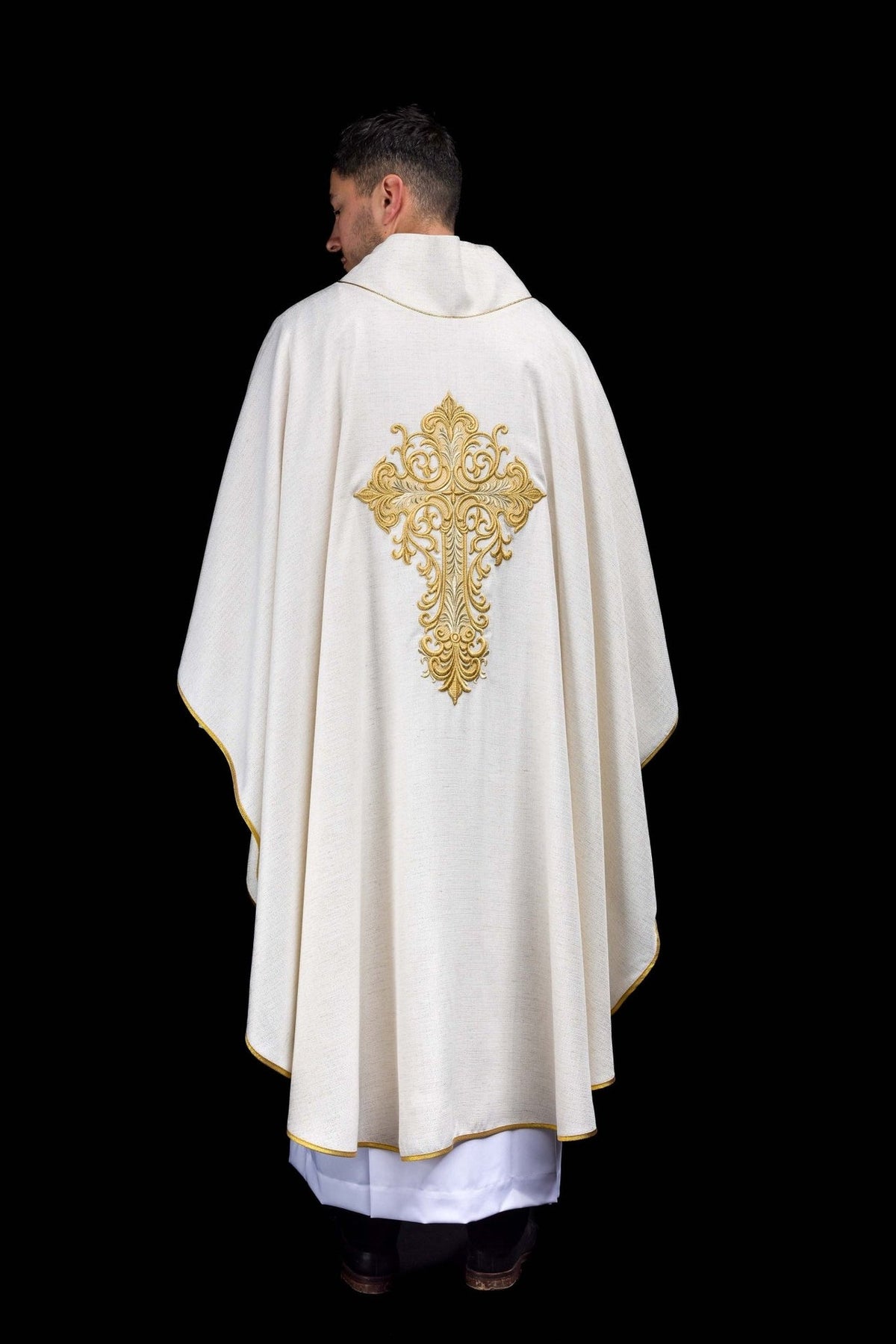 Chasuble back view with large gold embroidered cross