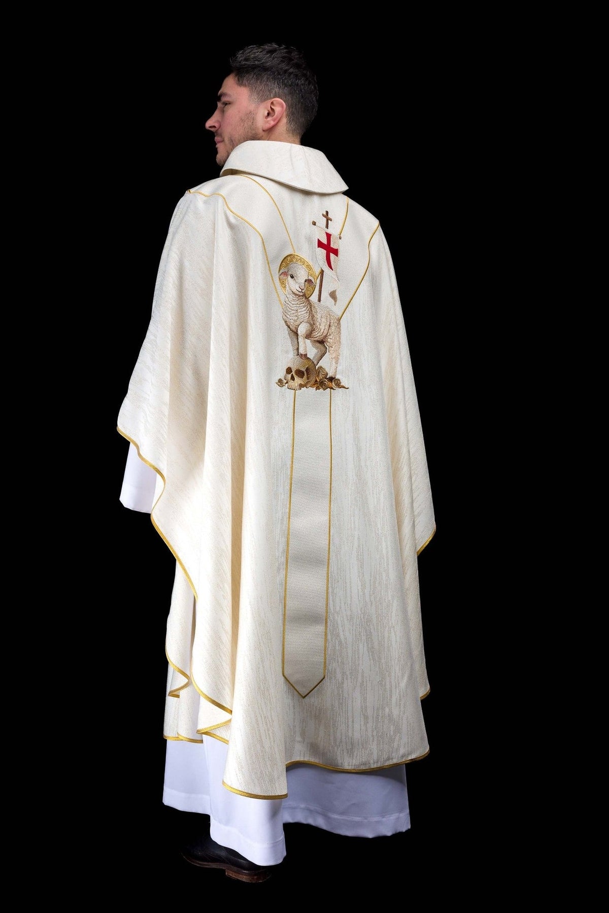 Chasuble back view with Paschal Lamb embroidery and gold-trimmed edges