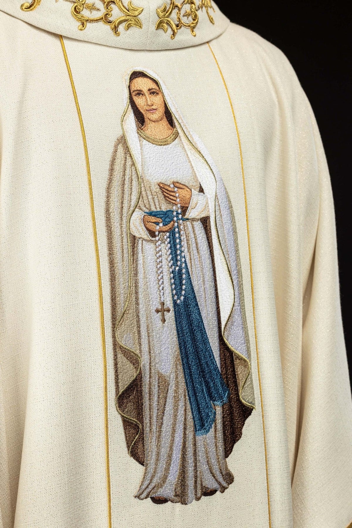 Embroidered chasuble, front close-up showing Our Lady image and gold trim