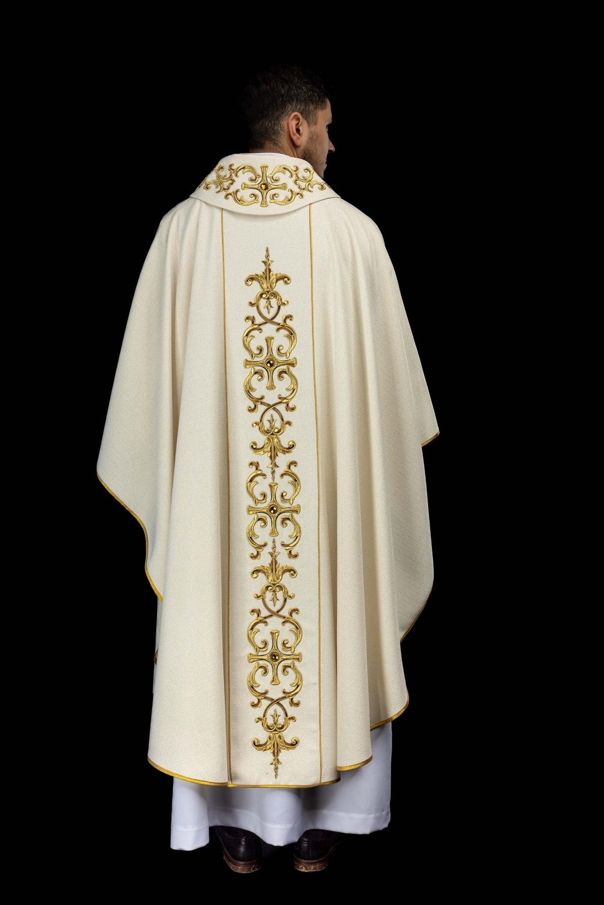 Embroidered chasuble, back view with gold orphrey and ornate embroidery