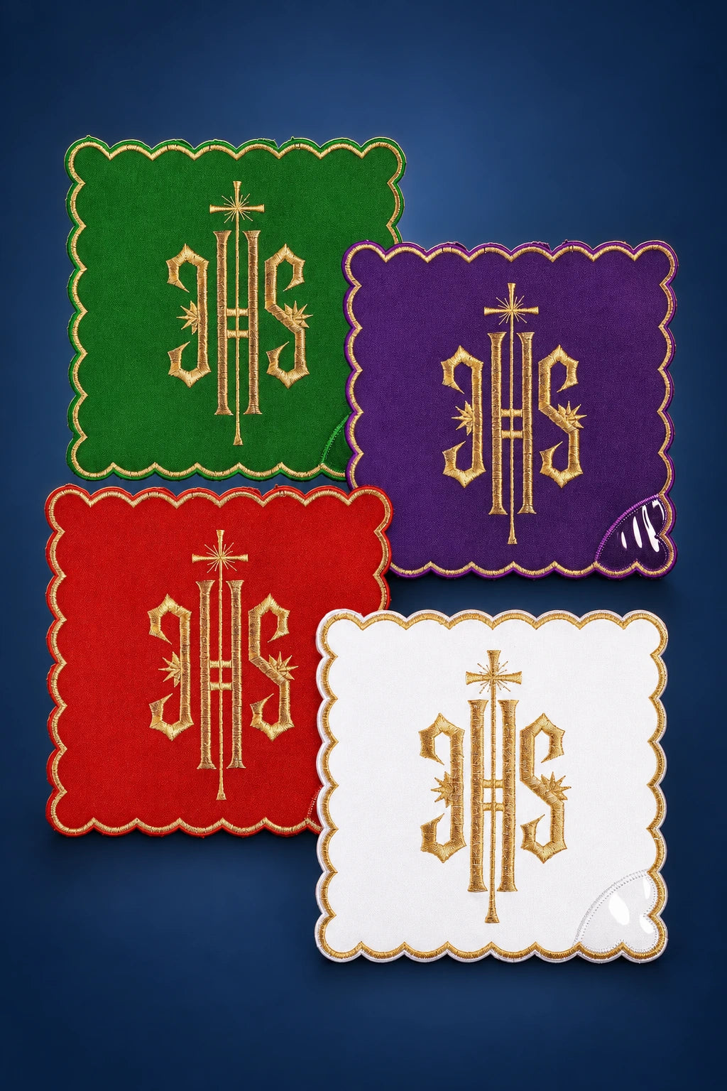 Chalice Pall Set with IHS Symbol in Four Liturgical Colors, showing purple, red, green and white palls