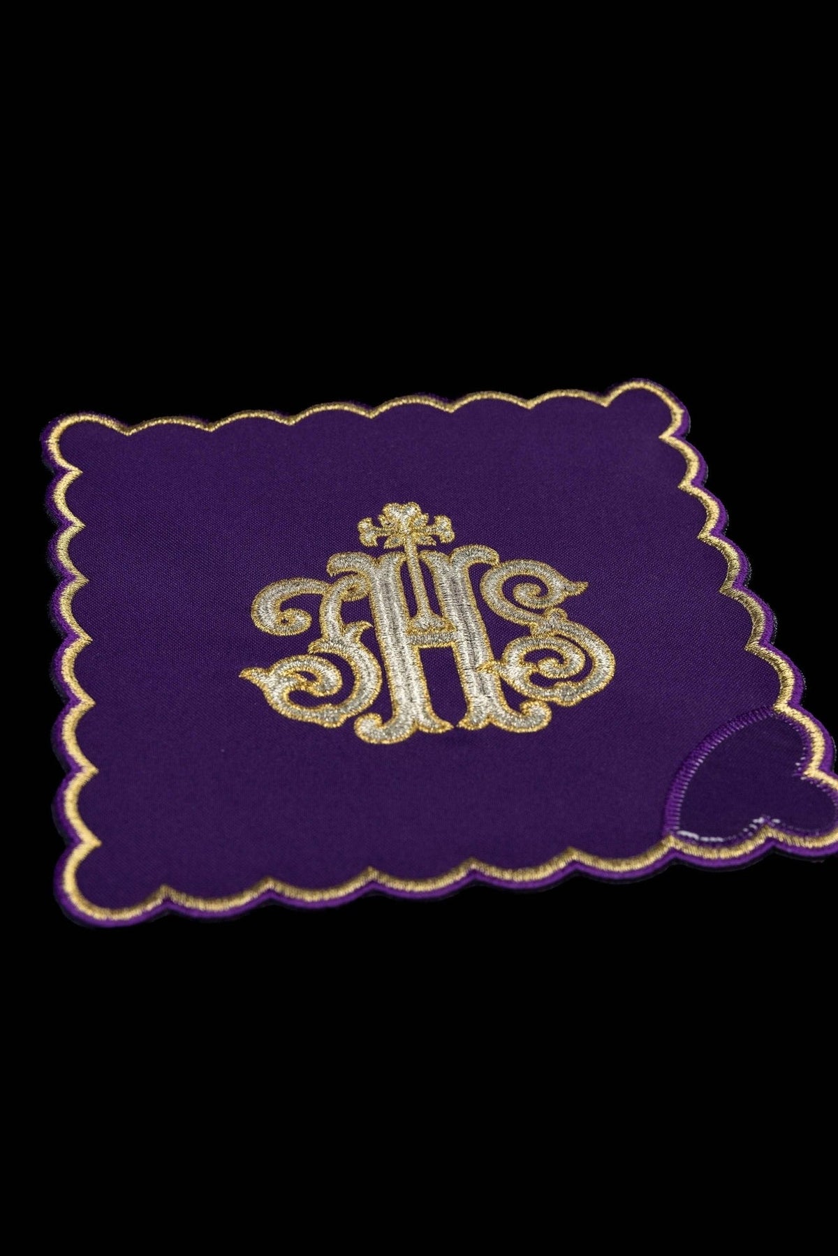 Purple chalice pall with embroidered IHS monogram and gold scalloped border