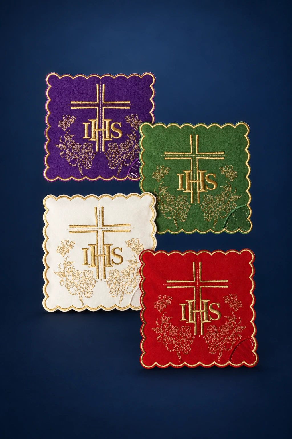 Chalice Pall Set in Four Liturgical Colors with IHS Embroidery, showing purple, green, white and red chalice palls