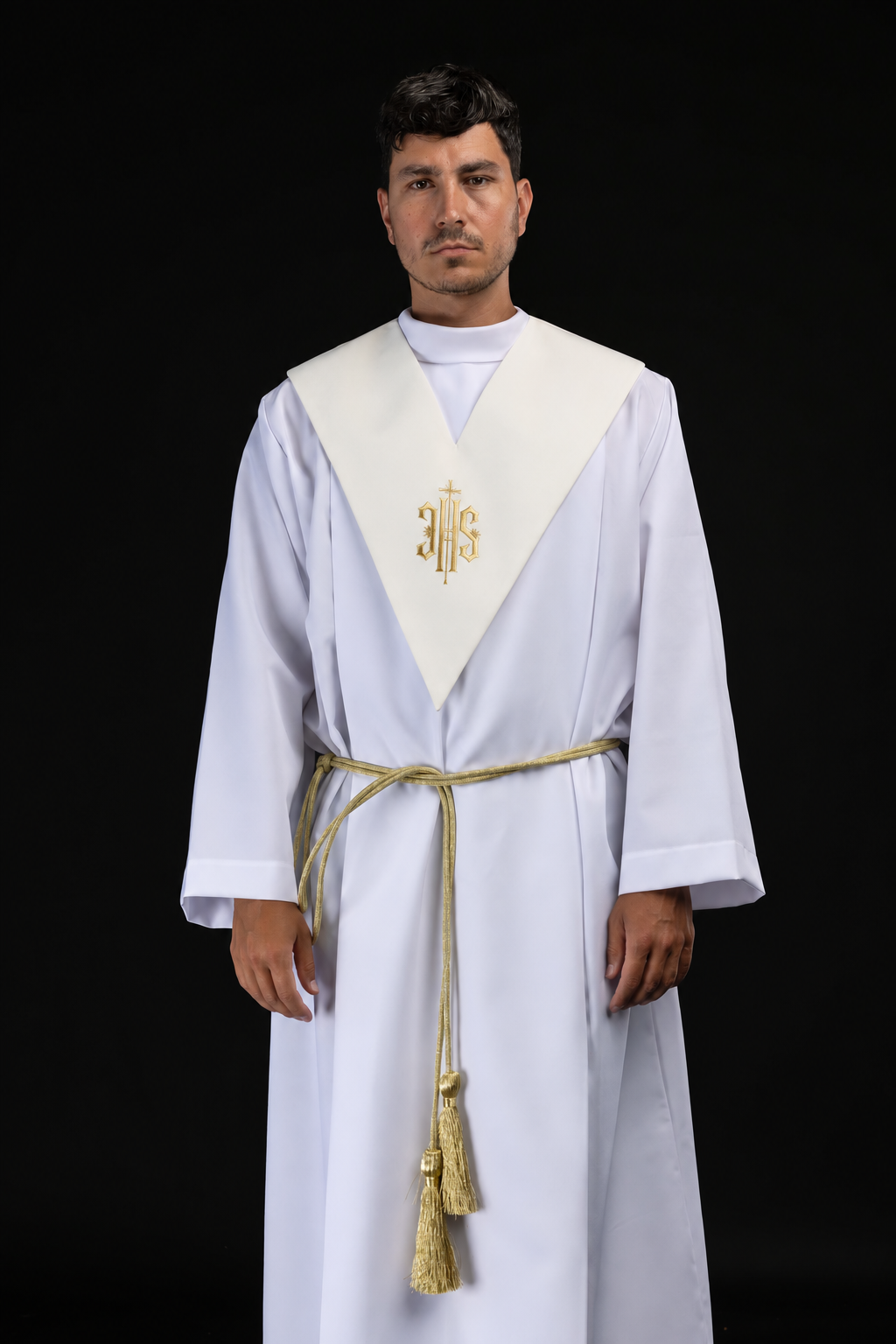 Ecru Lector's Scapular worn over a white alb, full front view
