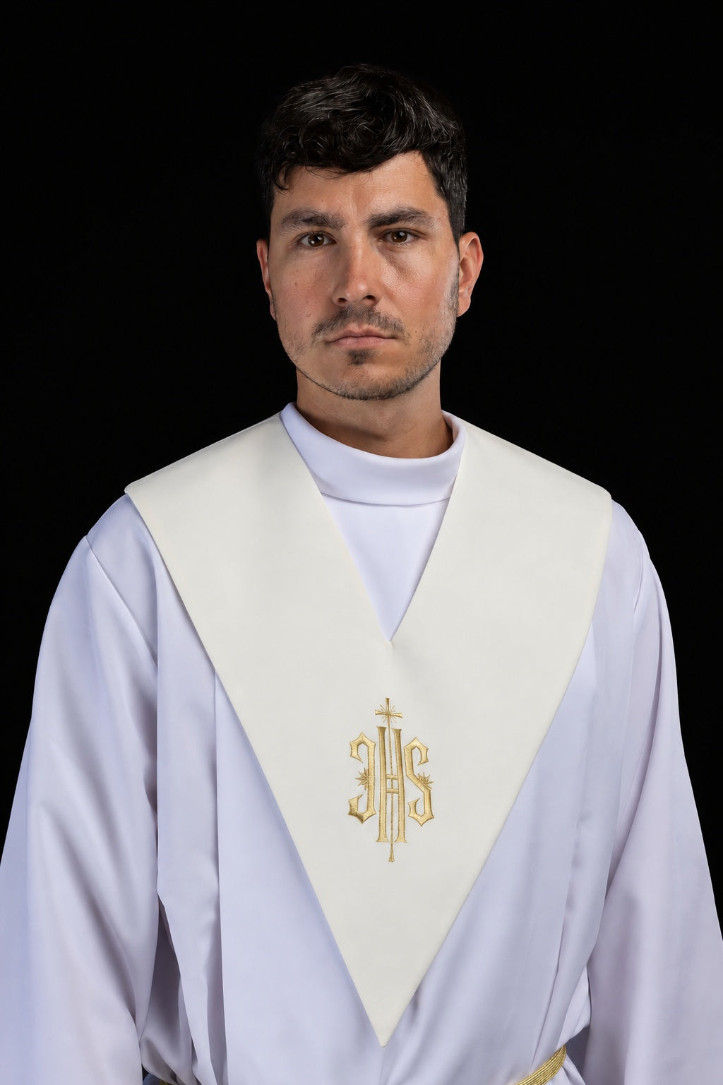 Ecru Lector's Scapular with Tapered Front and Gold IHS Embroidery, front view