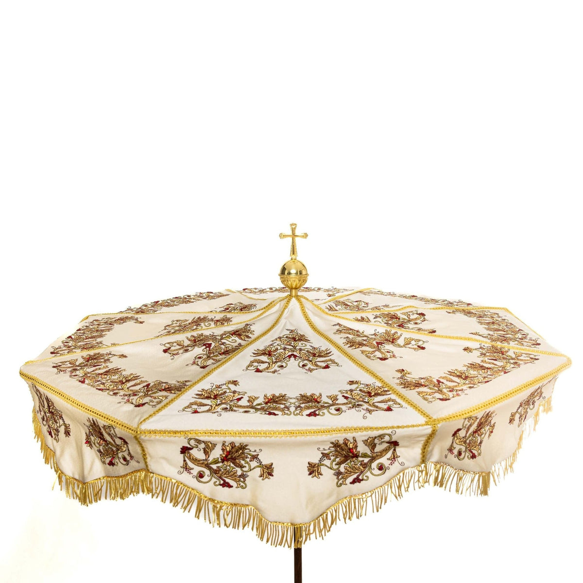 Ecru processional umbrella, full open view with botanical embroidery and gold fringe