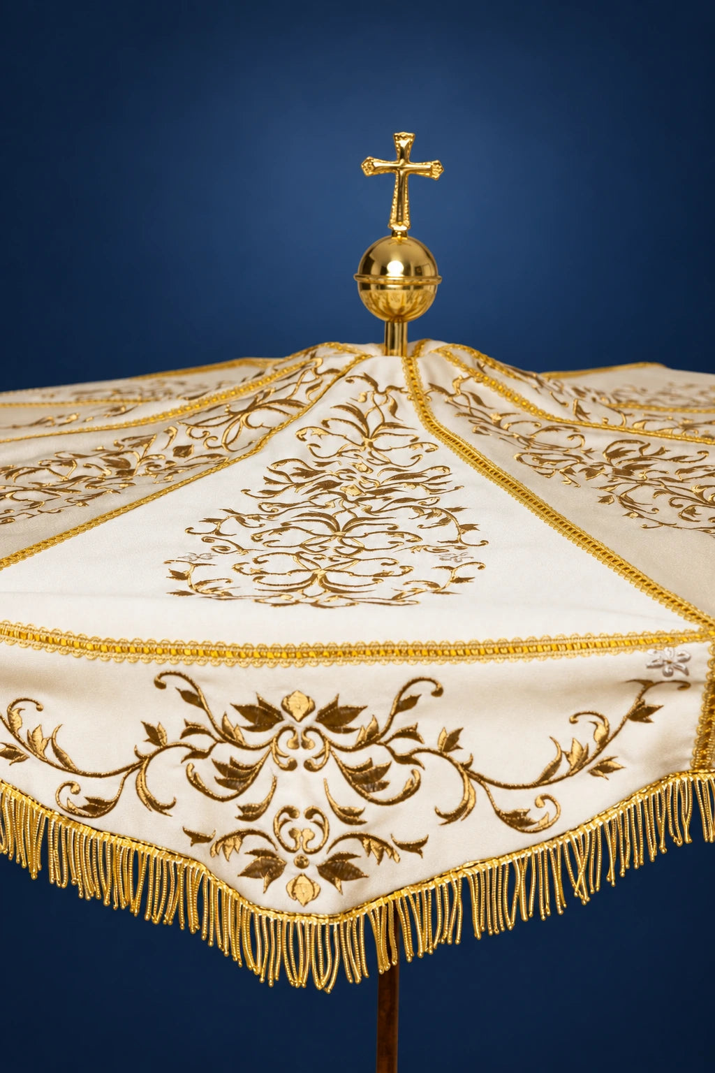 Ecru Processional Umbrella with Gold Ornament for Corpus Christi, front view with gold embroidery and fringe