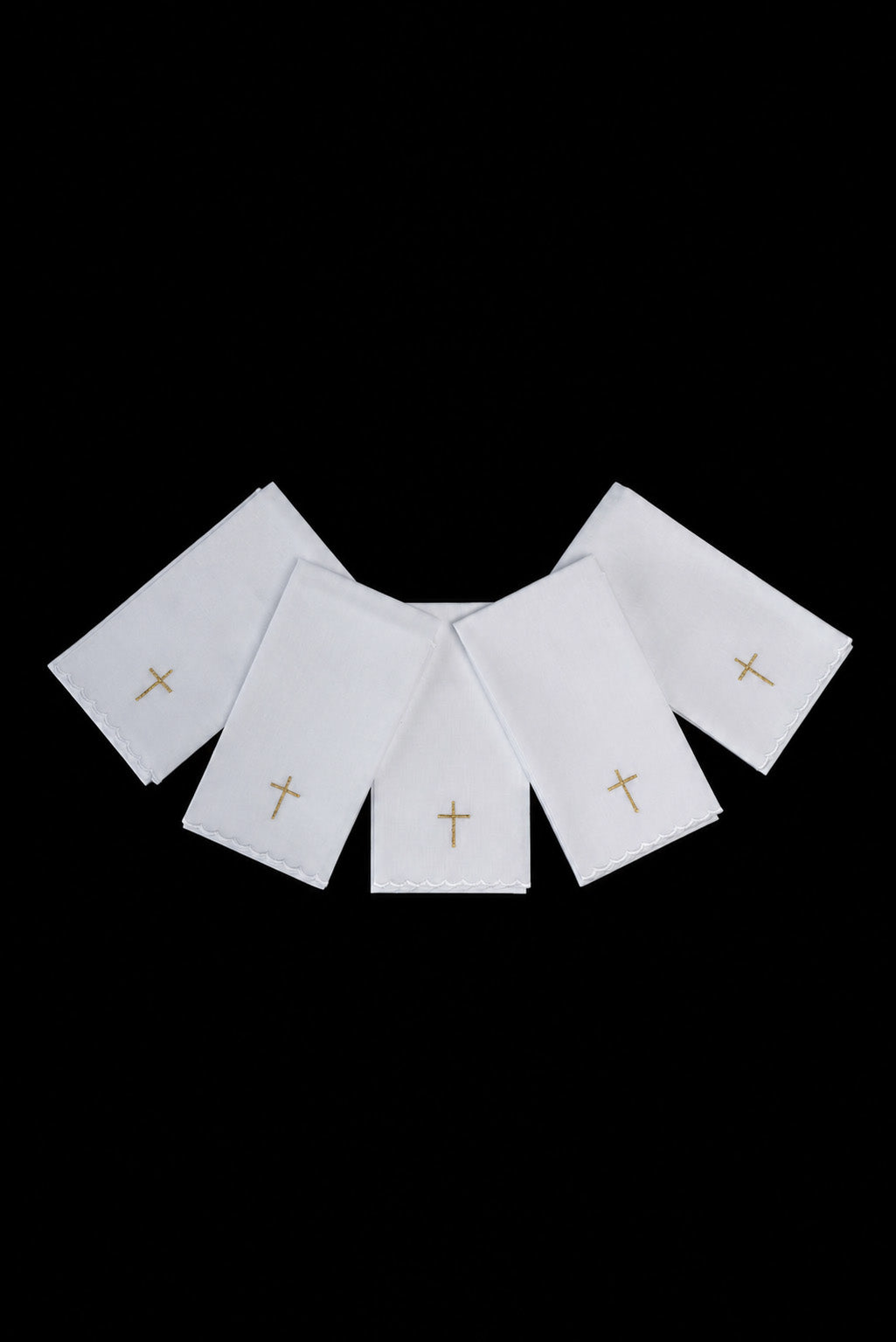 Set of 5 Liturgical Purificators with Gold Cross Embroidery, white with scalloped edges