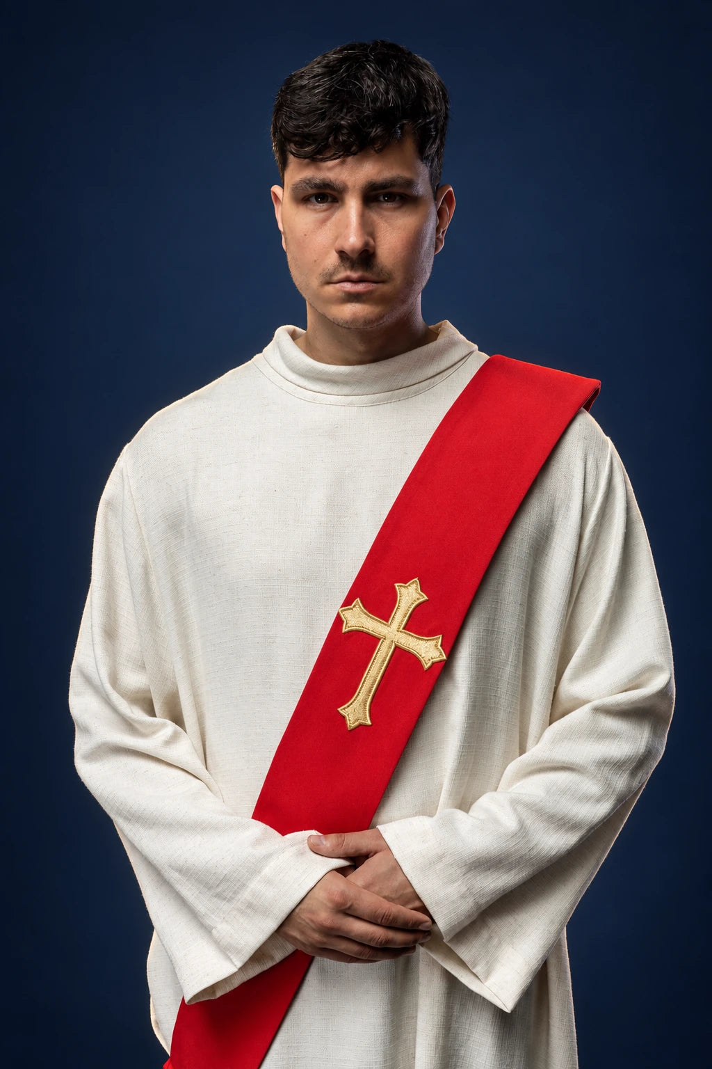 Catholic Deacon Stole with Cross, red front view with embroidered gold cross