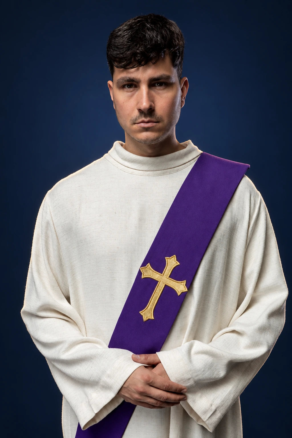 Deacon stole with a cross, purple front view worn with a gold embroidered cross