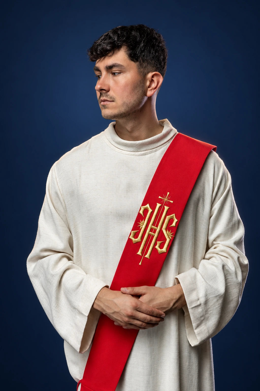 Embroidered Deacon Stole with IHS and a Small Cross, red, worn front view