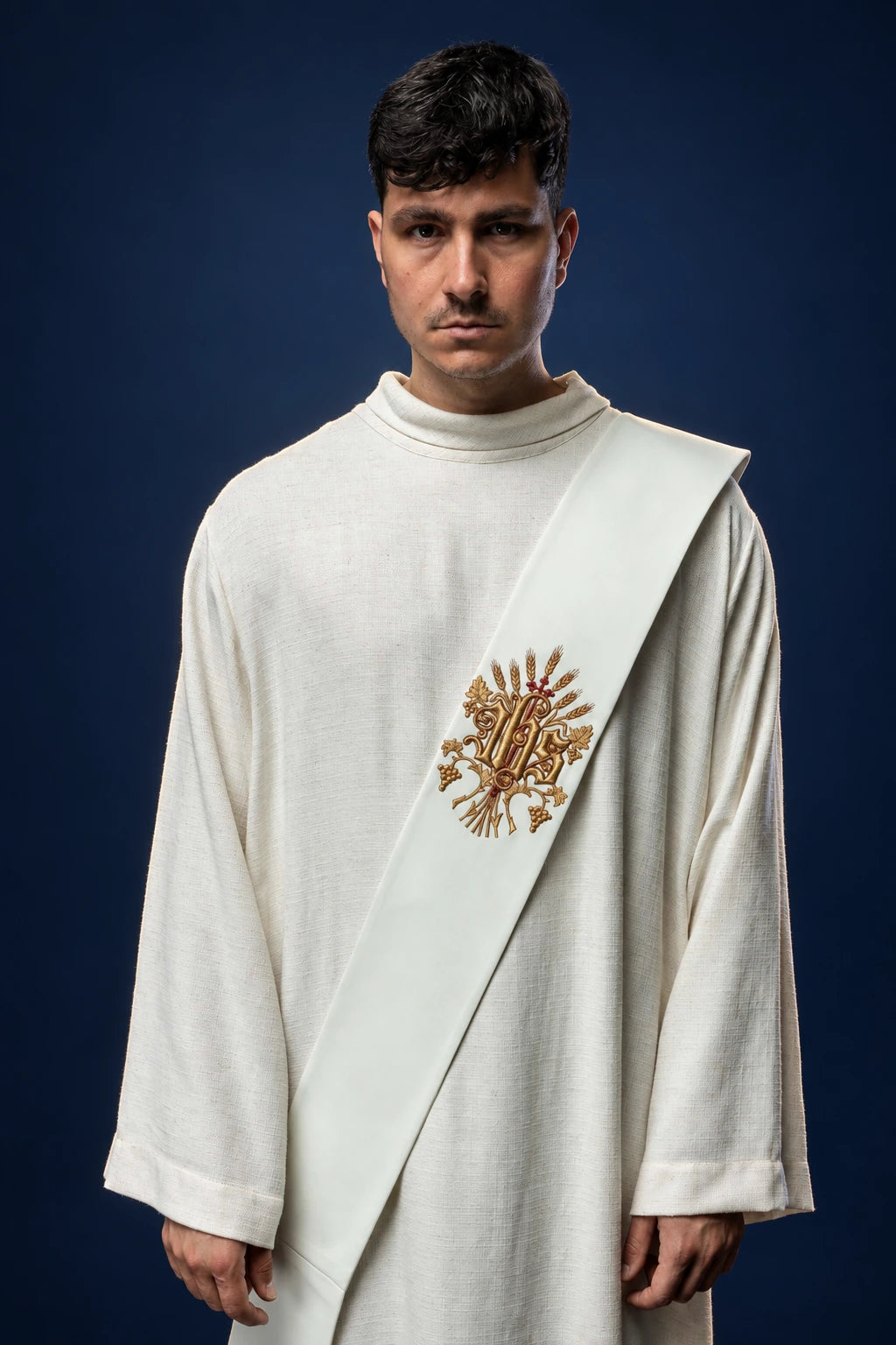 Deacon stole with grapes and cross motif, white front view with gold embroidered grapes, wheat and cross