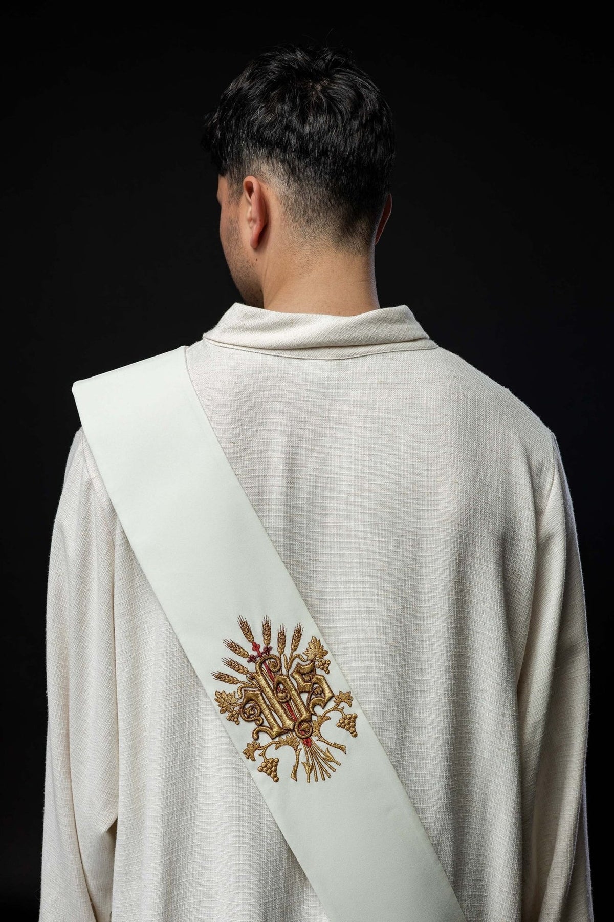 Deacon stole back view with gold embroidered grapes, wheat and cross