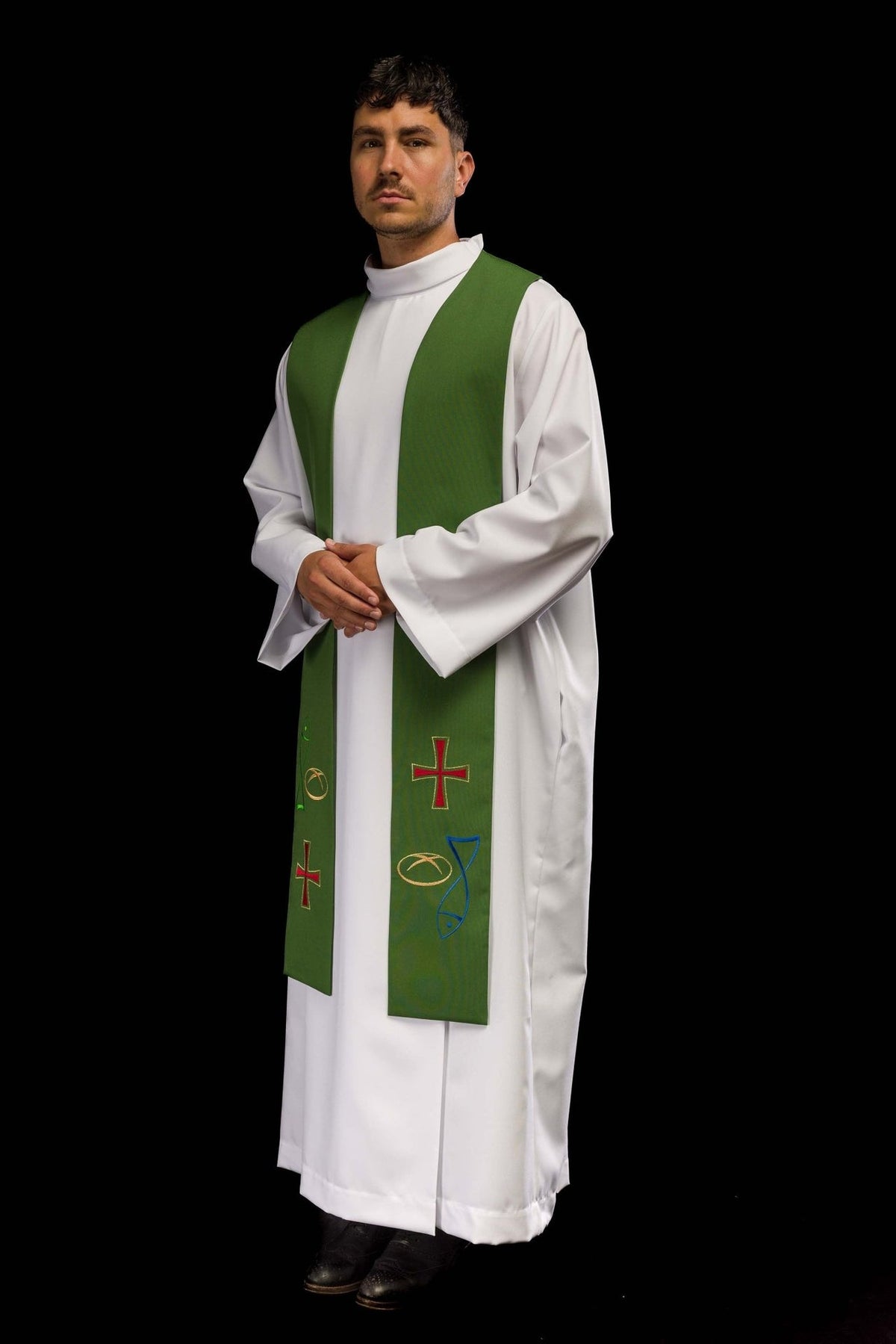 Green priest stole angled worn view showing embroidered fish, bread and cross