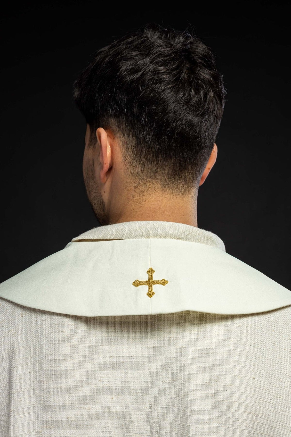 Ecru priest stole back view with small gold cross embroidery