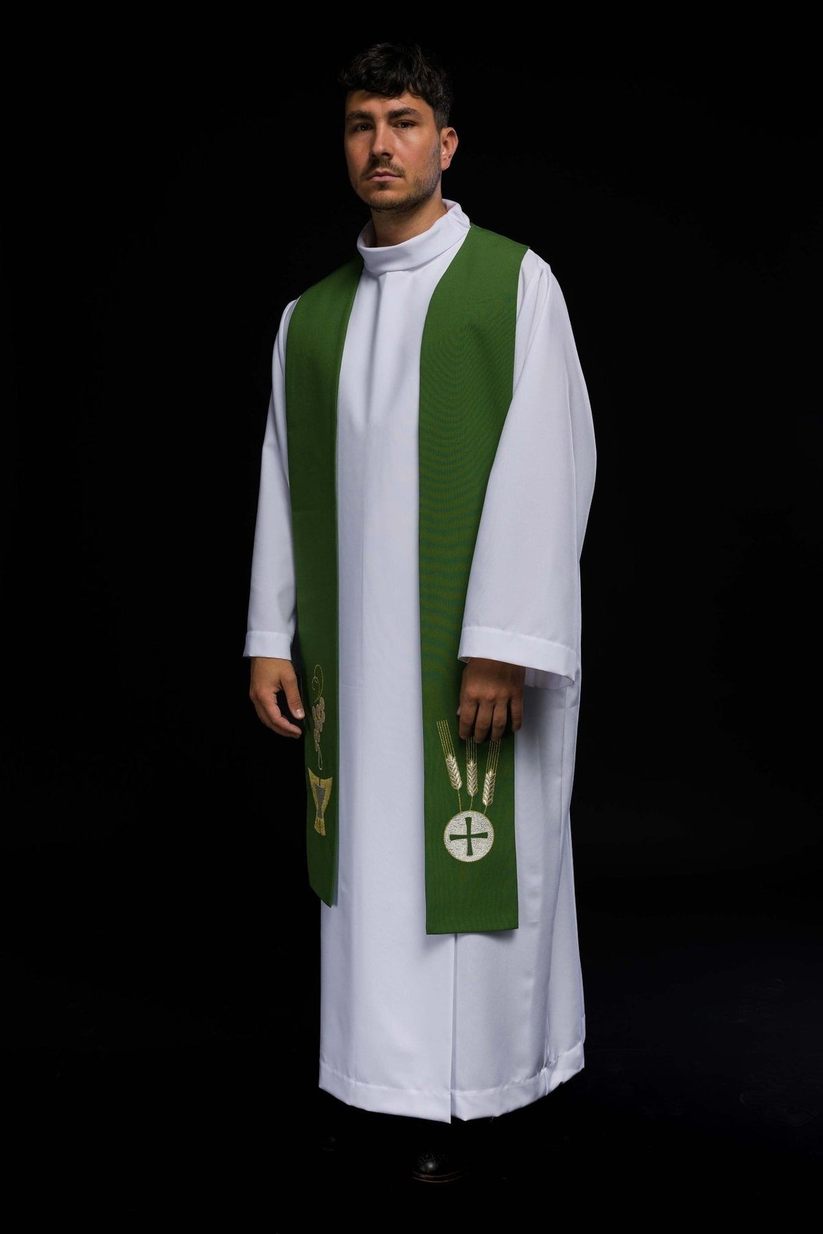 Green embroidered priest stole worn in a side view