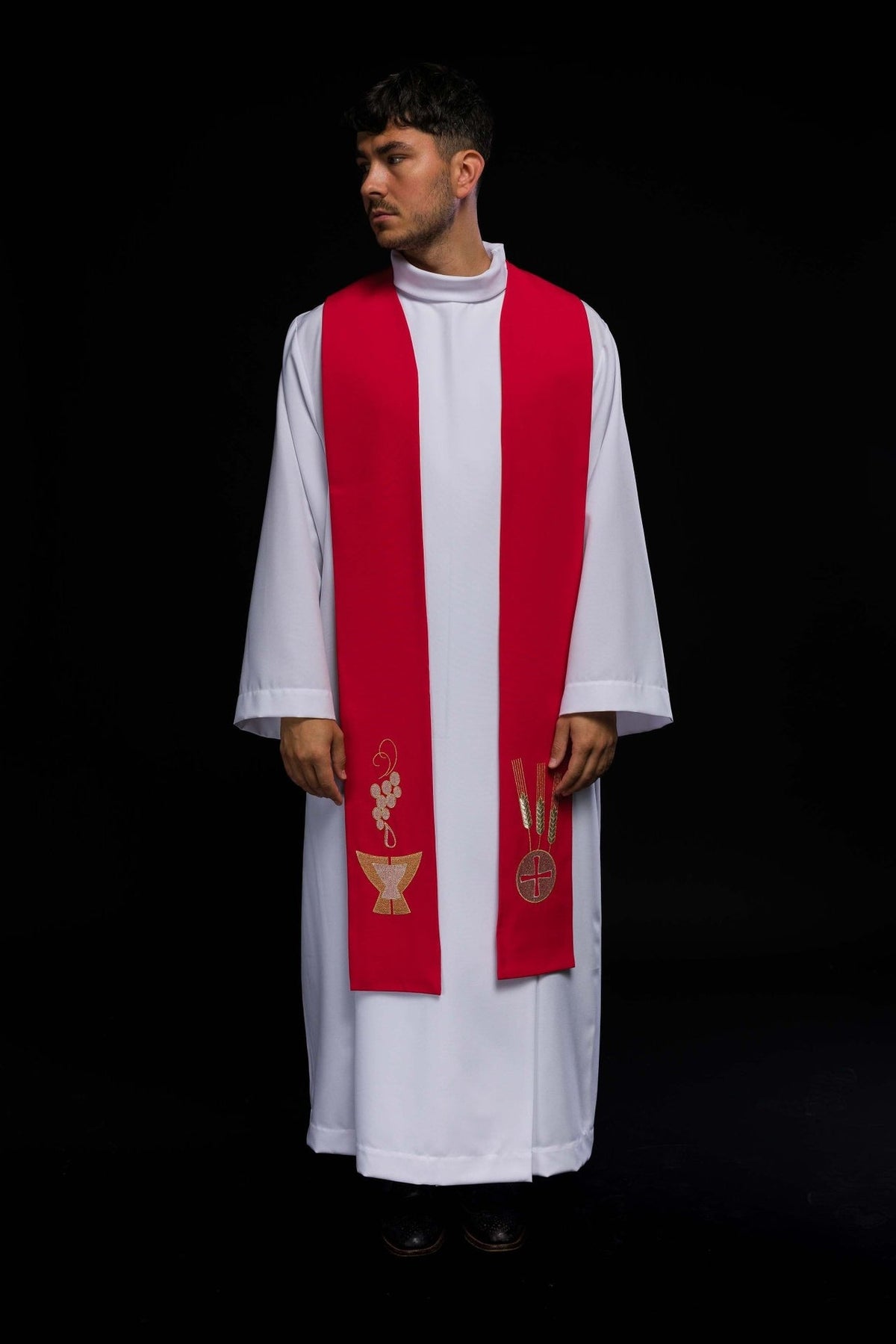 Red embroidered stole front view worn