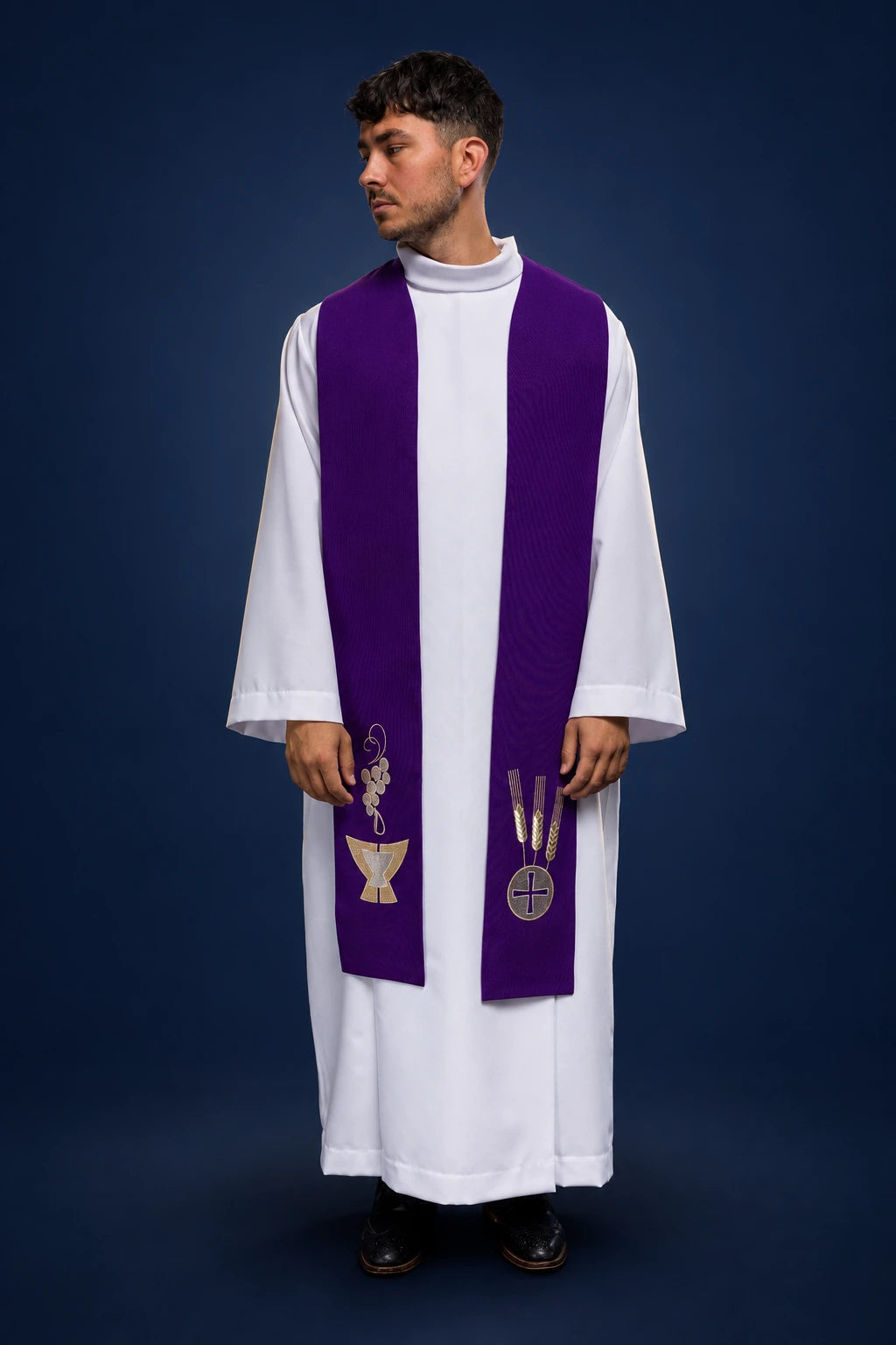 Purple Embroidered Priest Stole with Chalice, Wheat and Grapes, front view worn