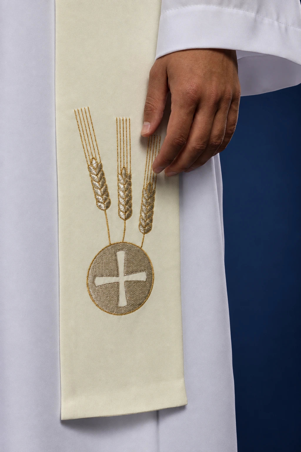 Ecru stole close-up showing wheat and cross embroidery