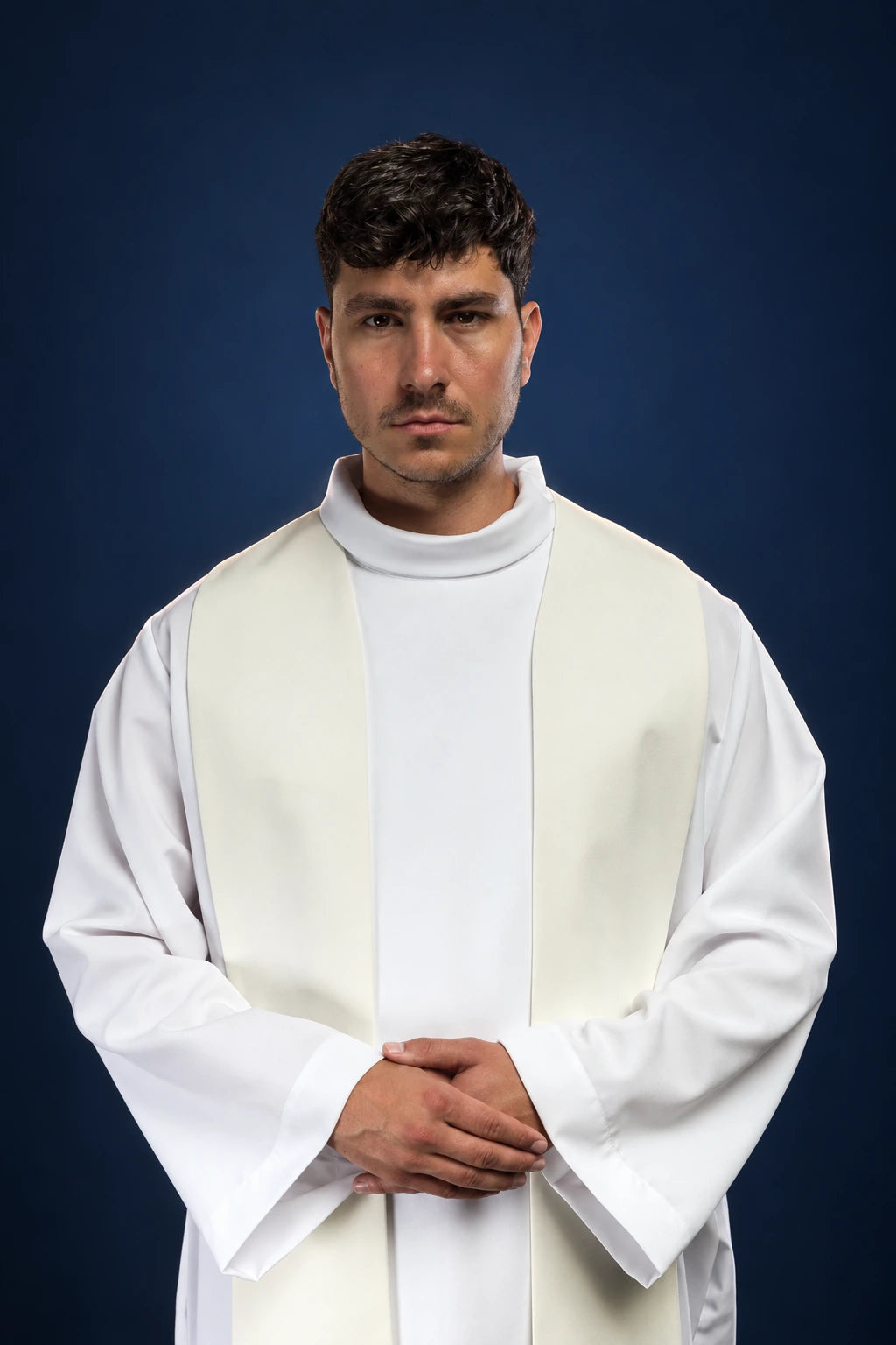 Ivory priest stole worn from the front, showing the plain upper section