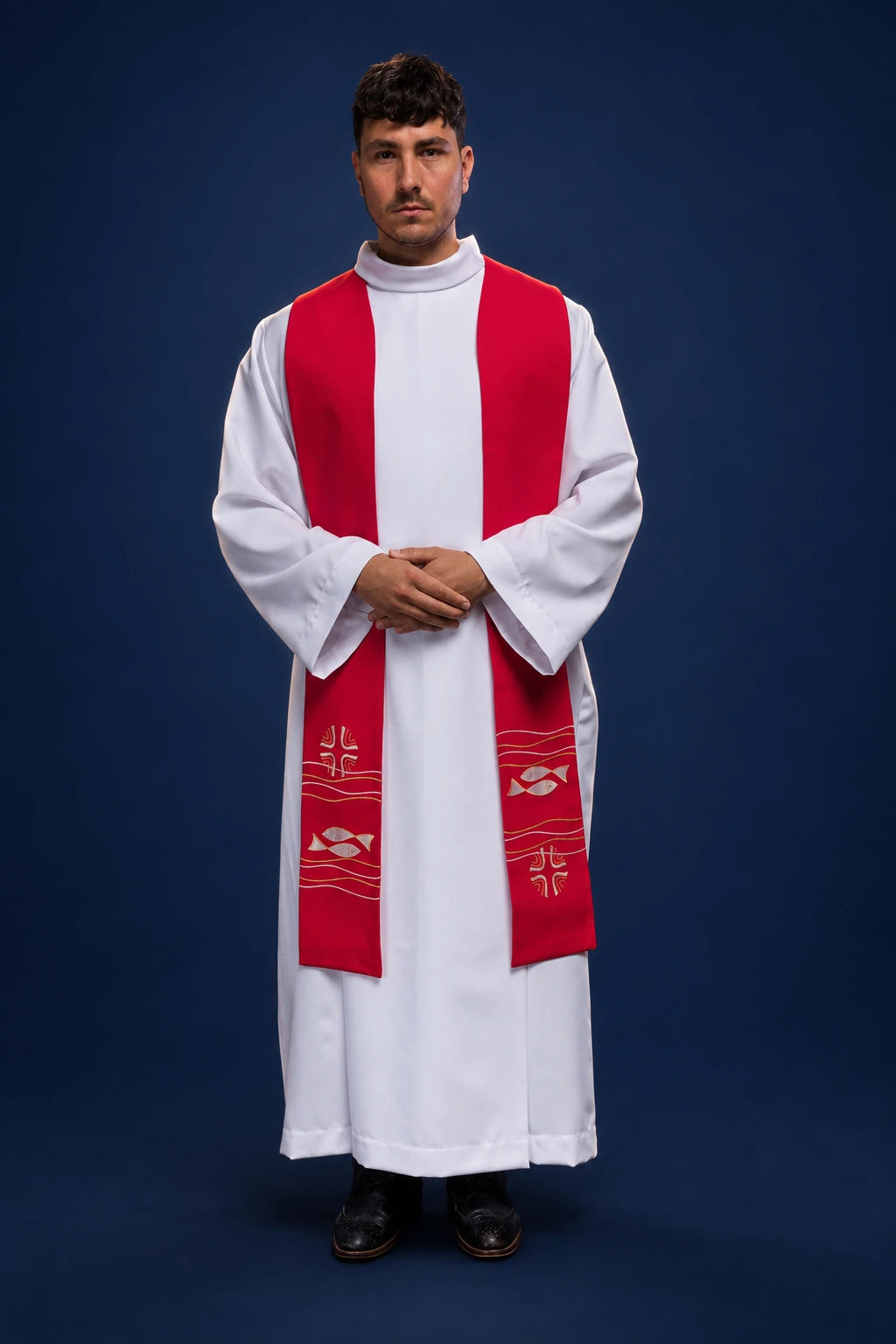 Embroidered Red Priest Stole with Fish, front view worn with fish and cross embroidery