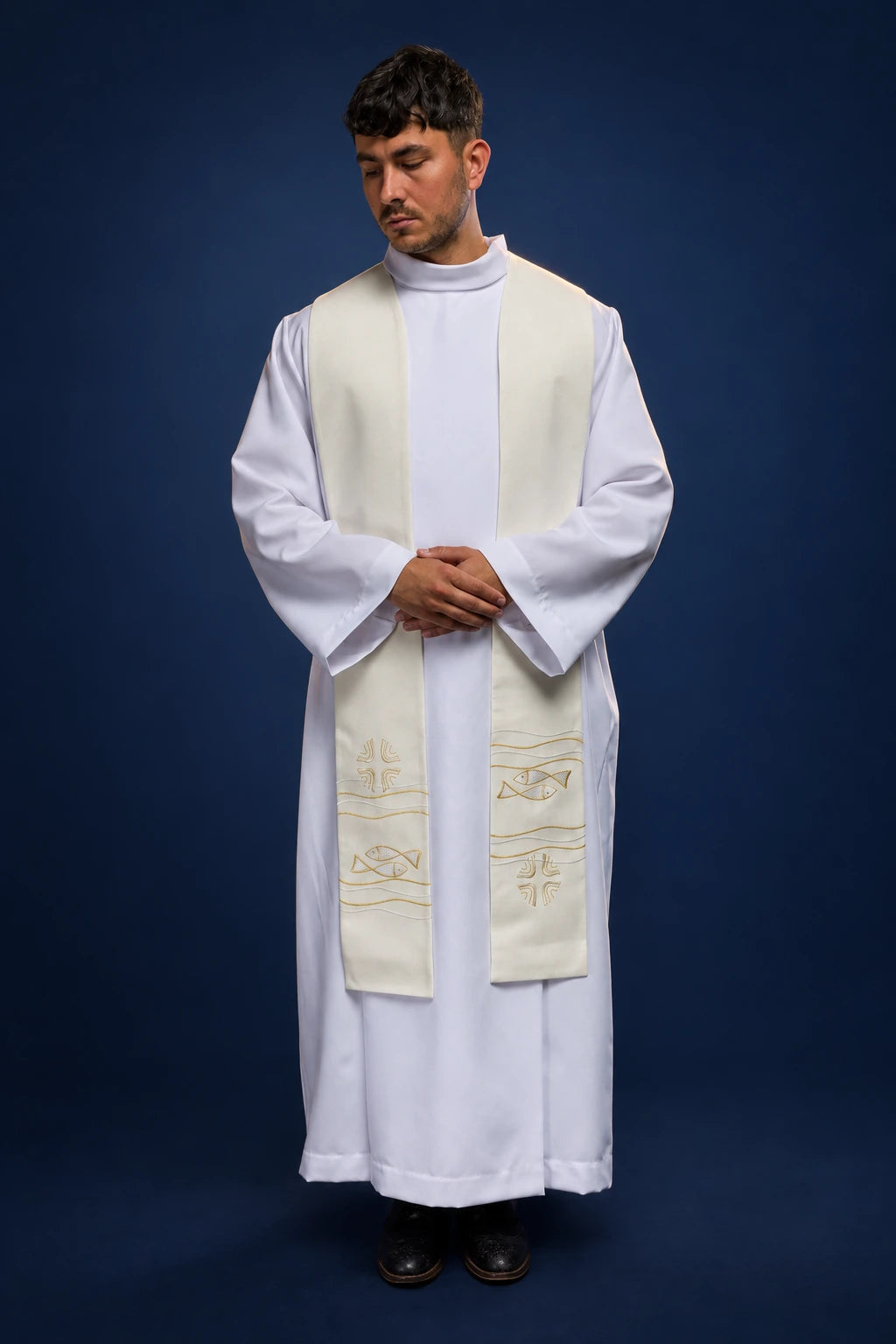 Embroidered Priest Stole with Fish Design in Ecru, full front view worn