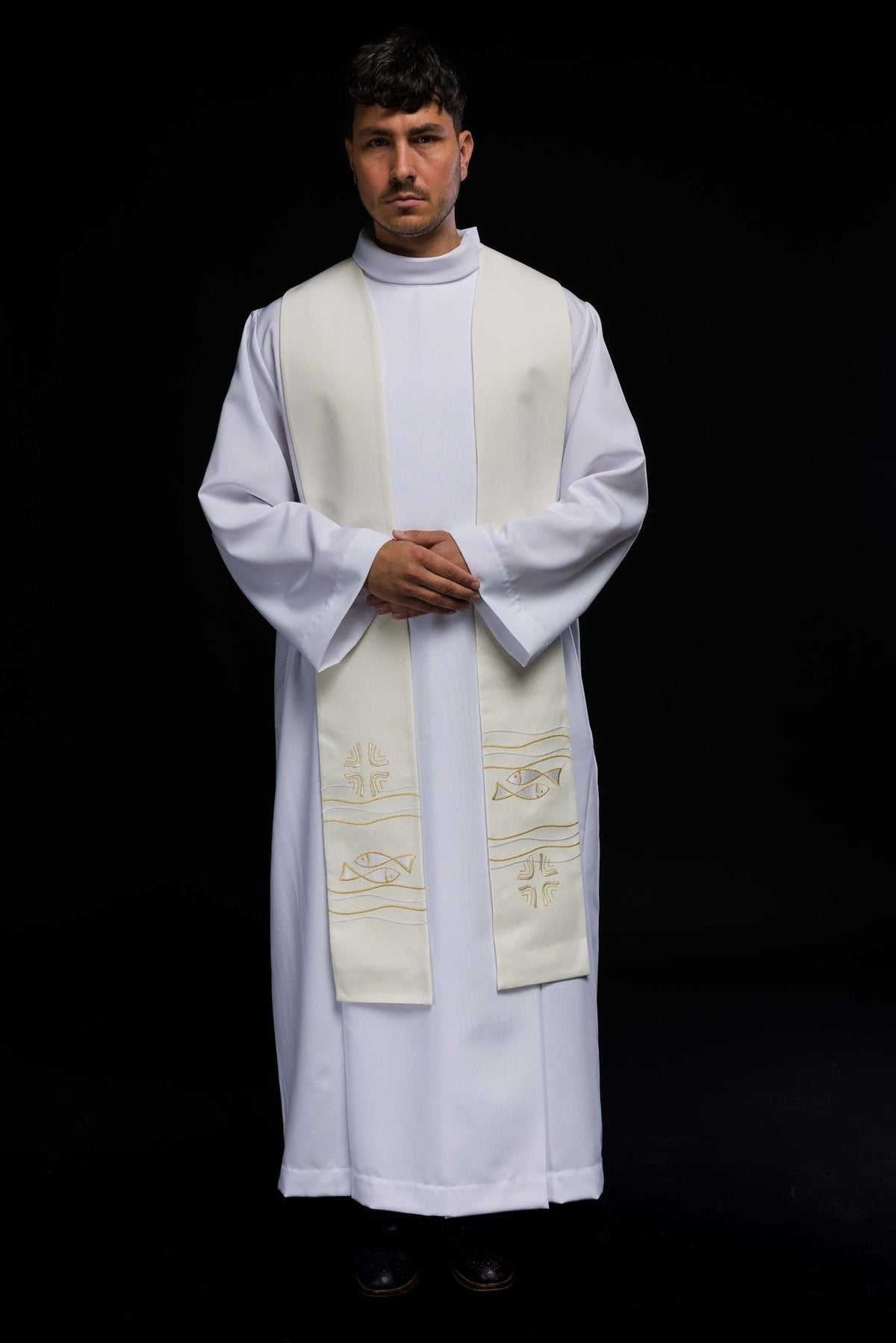 Embroidered ecru priest stole, full front view worn with fish and cross motifs