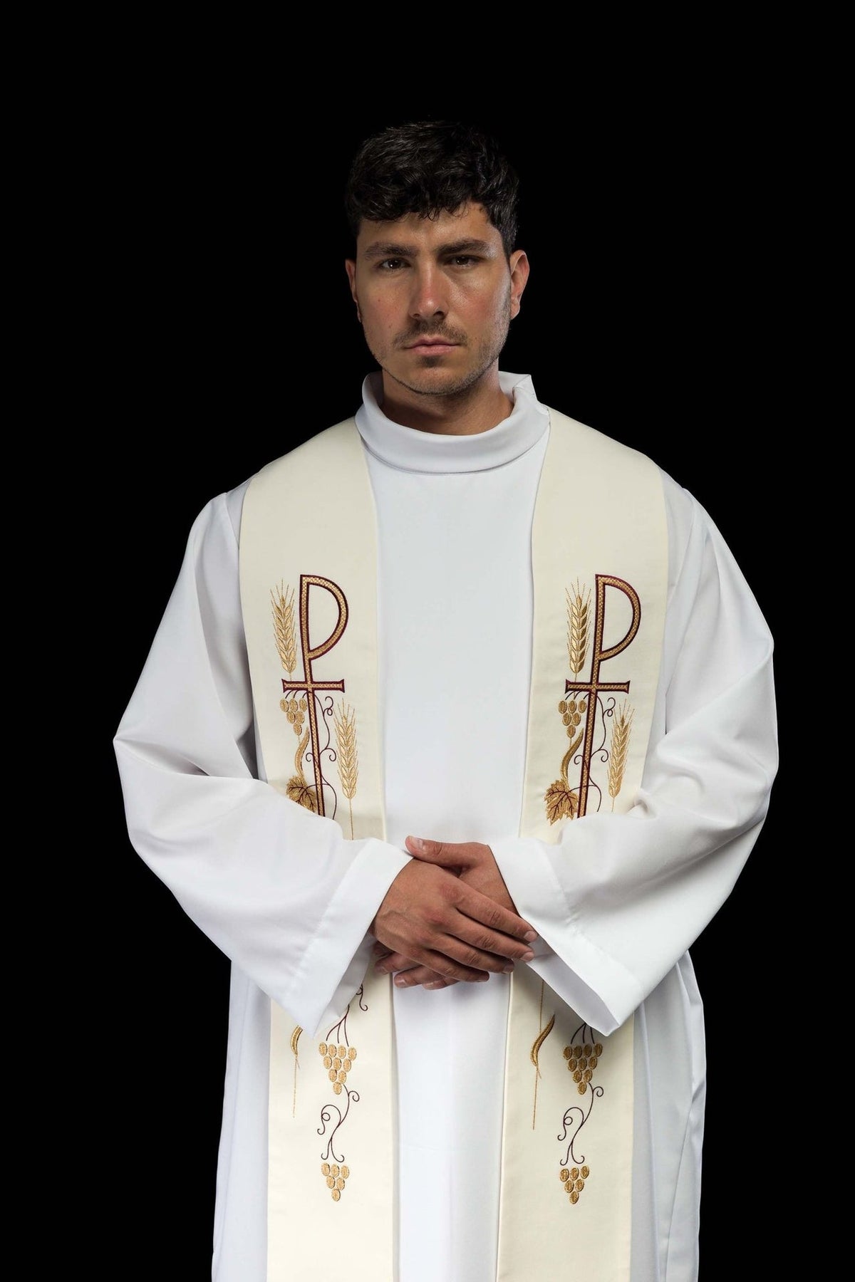Ecru priest stole neck detail with small embroidered gold cross