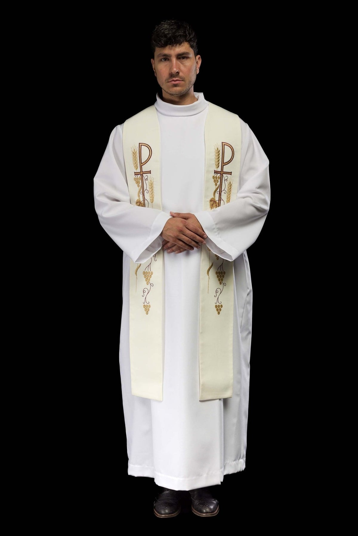 Ecru stole worn in front view with cross, grapes and wheat embroidery