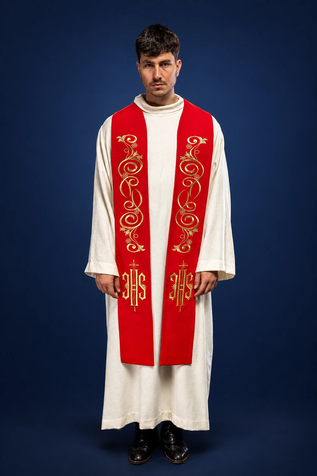 One-Sided Embroidered Red Priest Stole with IHS, front view with gold scrollwork and IHS embroidery